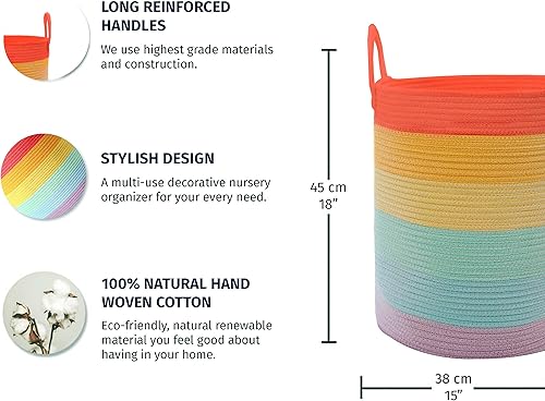 Miniatura 2 de OrganiHaus Cesta de almacenamiento para sala de juegos para decoración de arcoíris de 15 x 18 pulgadas  Cesta alta para manta para sala de estar