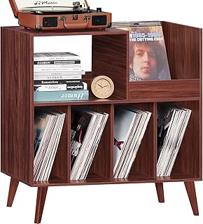 LELELINKY Large Record Player Stand, Turntable Stand with Storage, Vinyl Record Holder with Display Area, Record Player Table Holds Up to 300 Albums, Record Stand for Music Room Living Room-Walnut