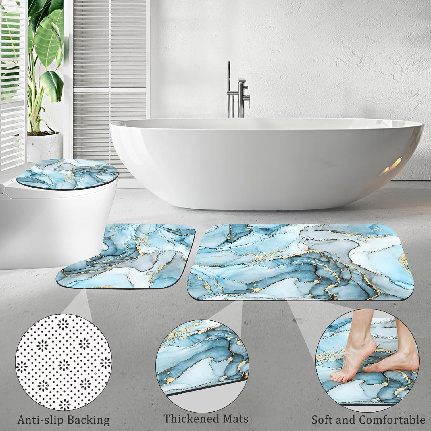 4PCS Aqua Blue Marble Shower Curtain Sets with Rugs, Abstract Bathroom Sets with Shower Curtain and Rugs, Modern Bathroom Curtains Shower Set with Toilet Lid Cover for Luxury Bathroom Decor