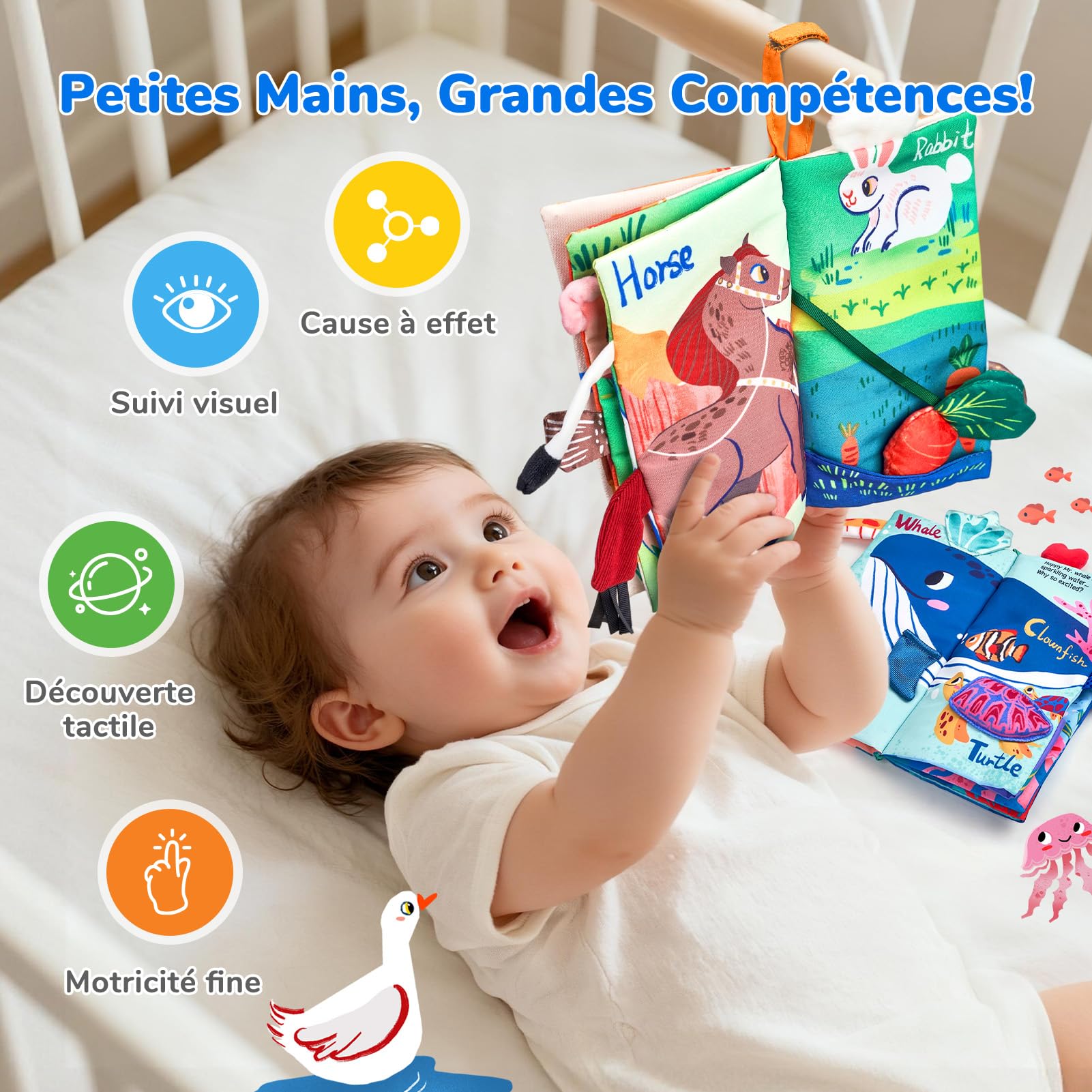 JoyCat Livre Tissu Bébé Eveil, Jouet Eveil Bebe 0-3-6 Mois Livre Sensoriel Bébé Cadeau Naissance Fille Garçon, Livres Doux Froissé avec des Animaux