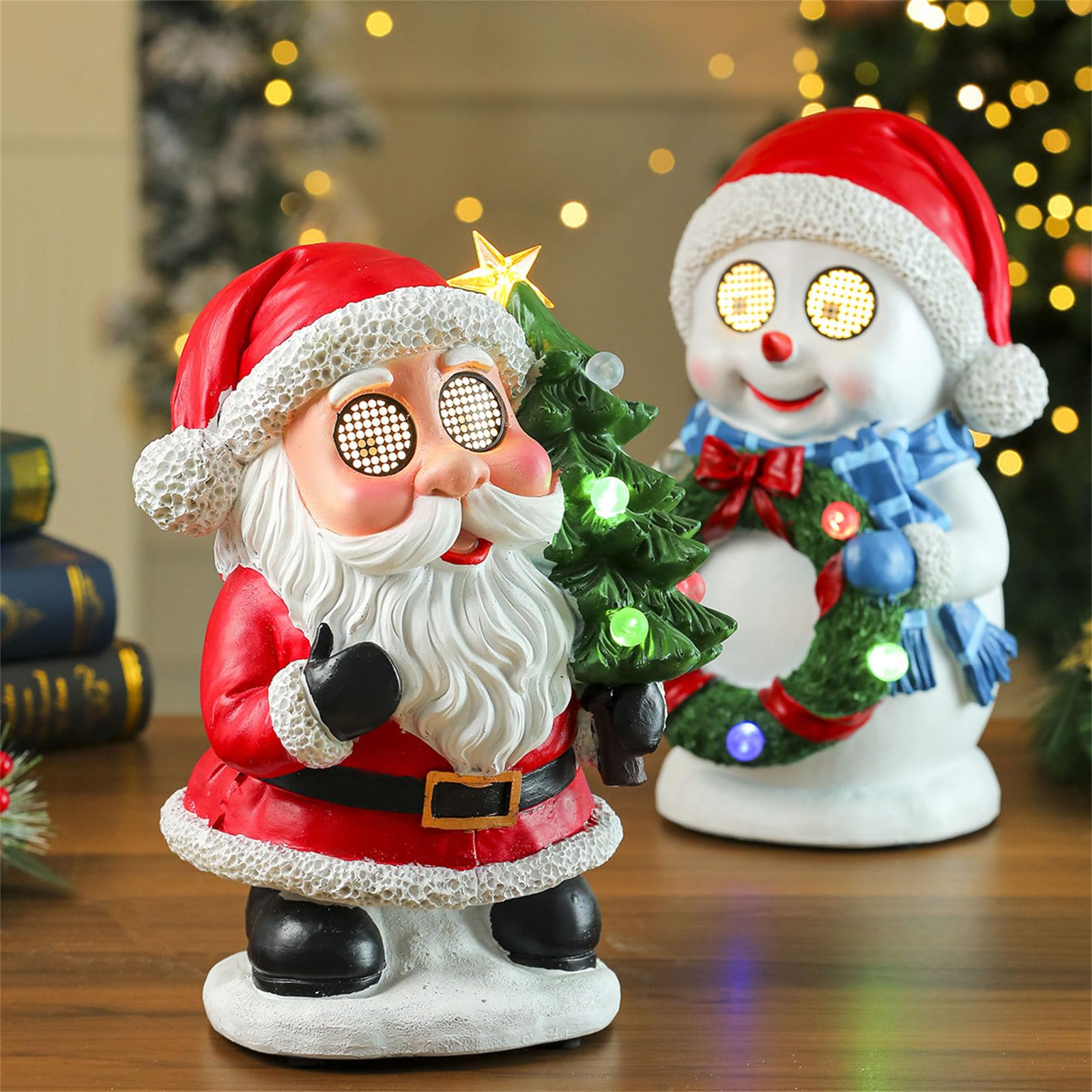 Figura decorativa de resina con luz LED para mantel, decoración de mesa, decoración de mesa con música de Navidad brillante, figura de resina musical con luz LED para repisas