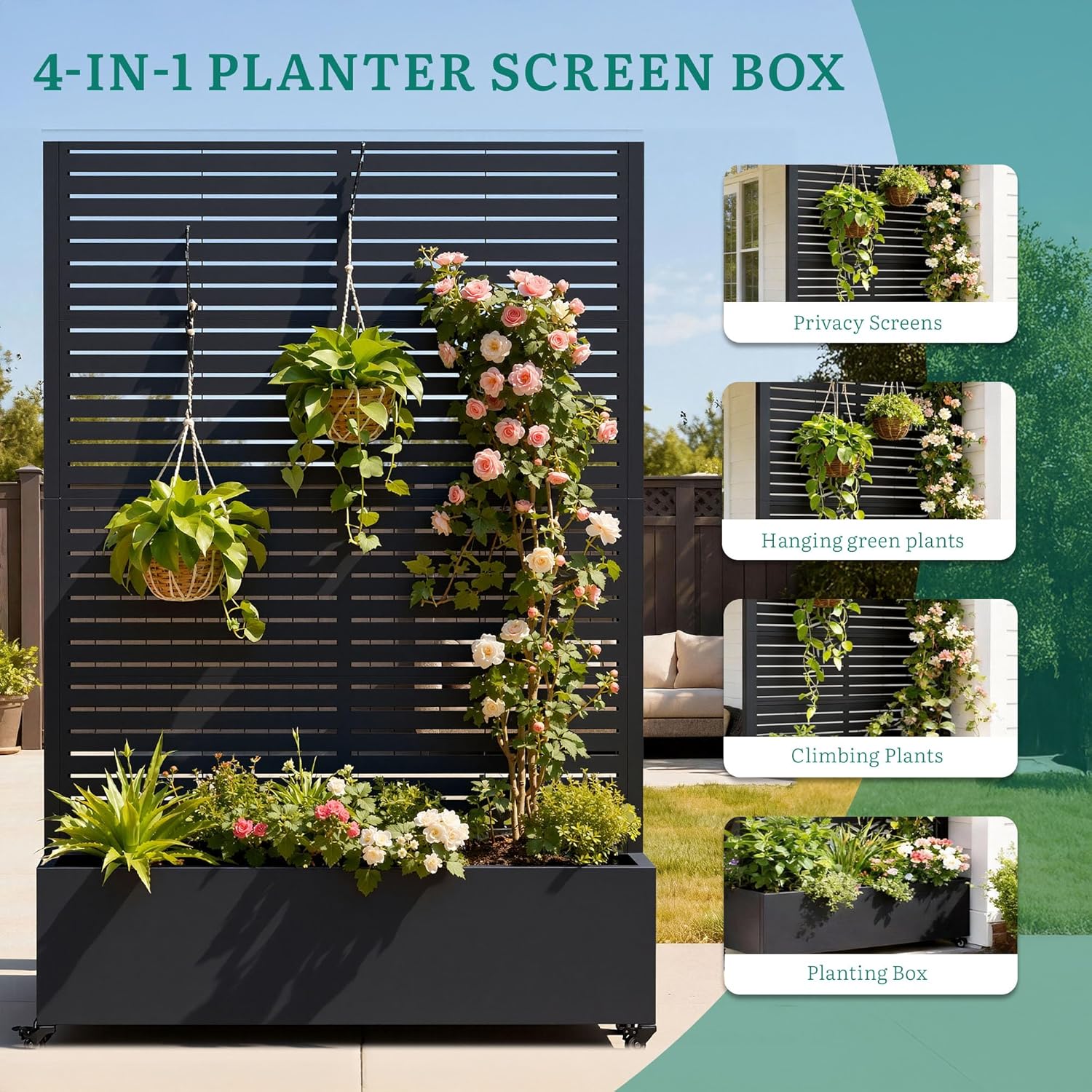 Metal Planter Box with Trellis, Galvanized Steel Raised Garden Bed with Privacy Screen, Lockable Casters, 73"x47"x16" Planter with Drainage Holes for Outdoor Climbing Plants, Vegetables, Patio