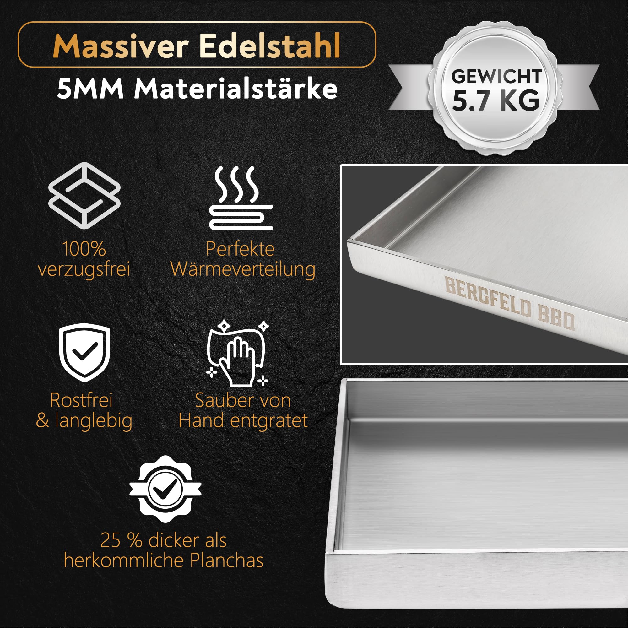Bergfeld BBQ Grillplatte - Premium Plancha Set [30x40 cm] - 5mm massiver Edelstahl - 25% dicker als die meisten Planchas - inkl. 3er Grillspachtel-Set - auslaufsichere Ecken