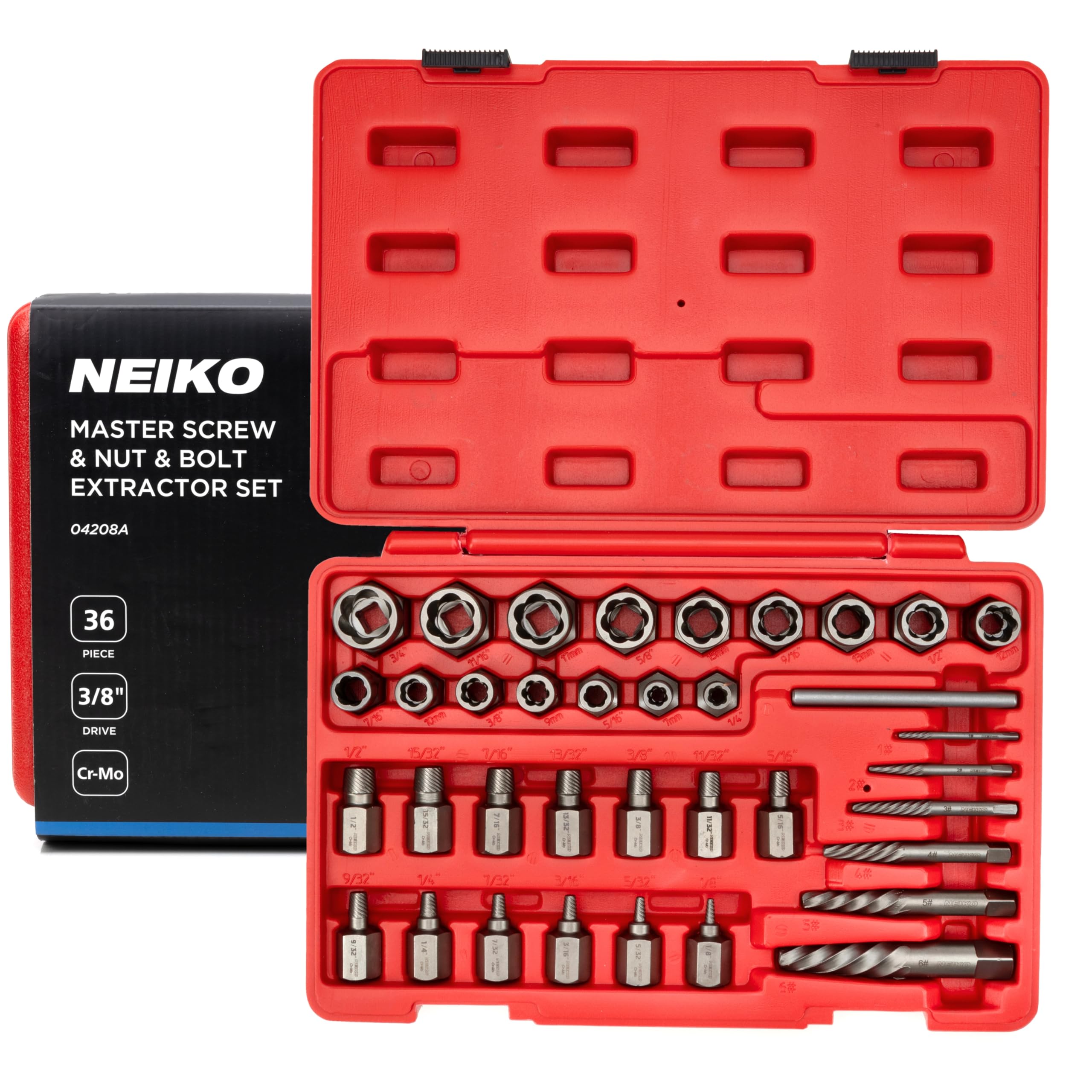 NEIKO 04208A Master Screw, Nut, & Bolt Extractor, 36 Piece Lug Nut Removal Tool, 3/8 Dr., Deep and Shallow Stripped Bolt Extractor Socket Set, Rounded