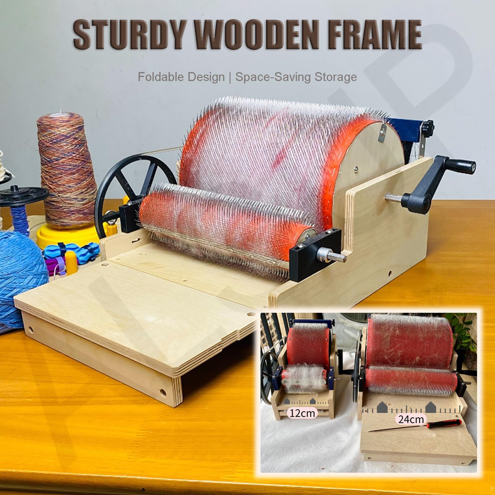 Kardiermaschine für Wolle | Manuelle Wollkardiermaschine | Holztrommel Trommelkarder | Zum Kämmen Mischen Spinnen Filzen | für DIY Filzherstellung & Filztier Bastelprojekte 12cm
