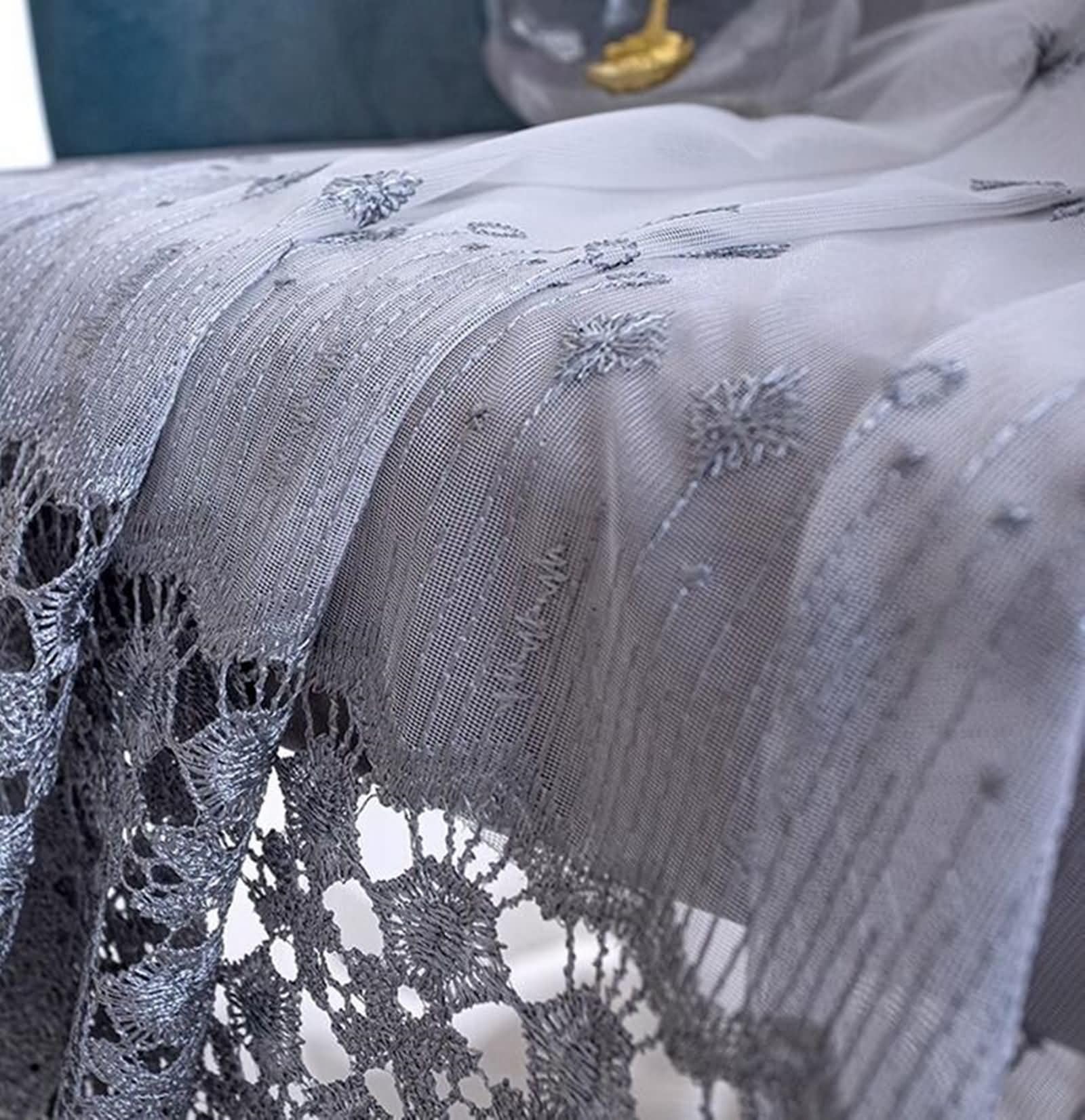 Rideau Voilage Gris Broderie, Dentelle à Crochets, 102x138cm, Lot de 2 Rideaux Chambre Moderne