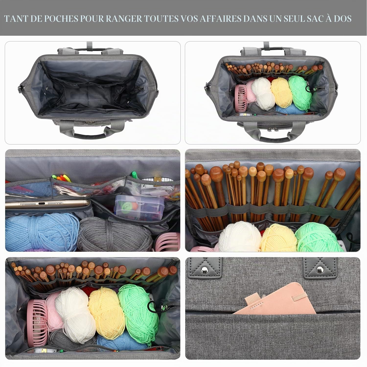 LTINVECK Sac à dos au crochet, sac à tricot, sac à dos de rangement pour fil de fer, sac de voyage avec port de charge USB, grand sac fourre-tout