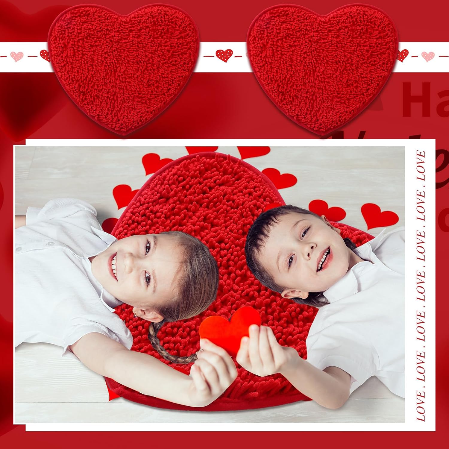 4 Pcs Valentine‘s Day Heart Shaped Rug Decorative Valentine Heart Door Mat 20 x 24 Inch Non Slip Washable Soft Fluffy Shower Mat Entrance Welcome Carpet for Home Living Room Bedroom Kitchen(Red)
