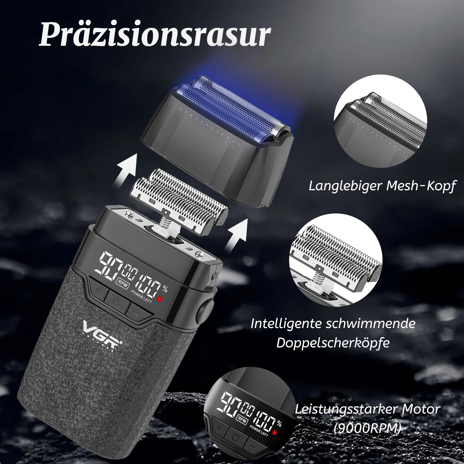 VGR 640 S3 3 IN 1 Haarschneidemaschine für Herren, Profi Haarschneider Haartrimmer und Folienrasierer Set, Kabellose Friseur Set mit LED-Anzeige für den Friseur- und Heimgebrauch, Schwarz