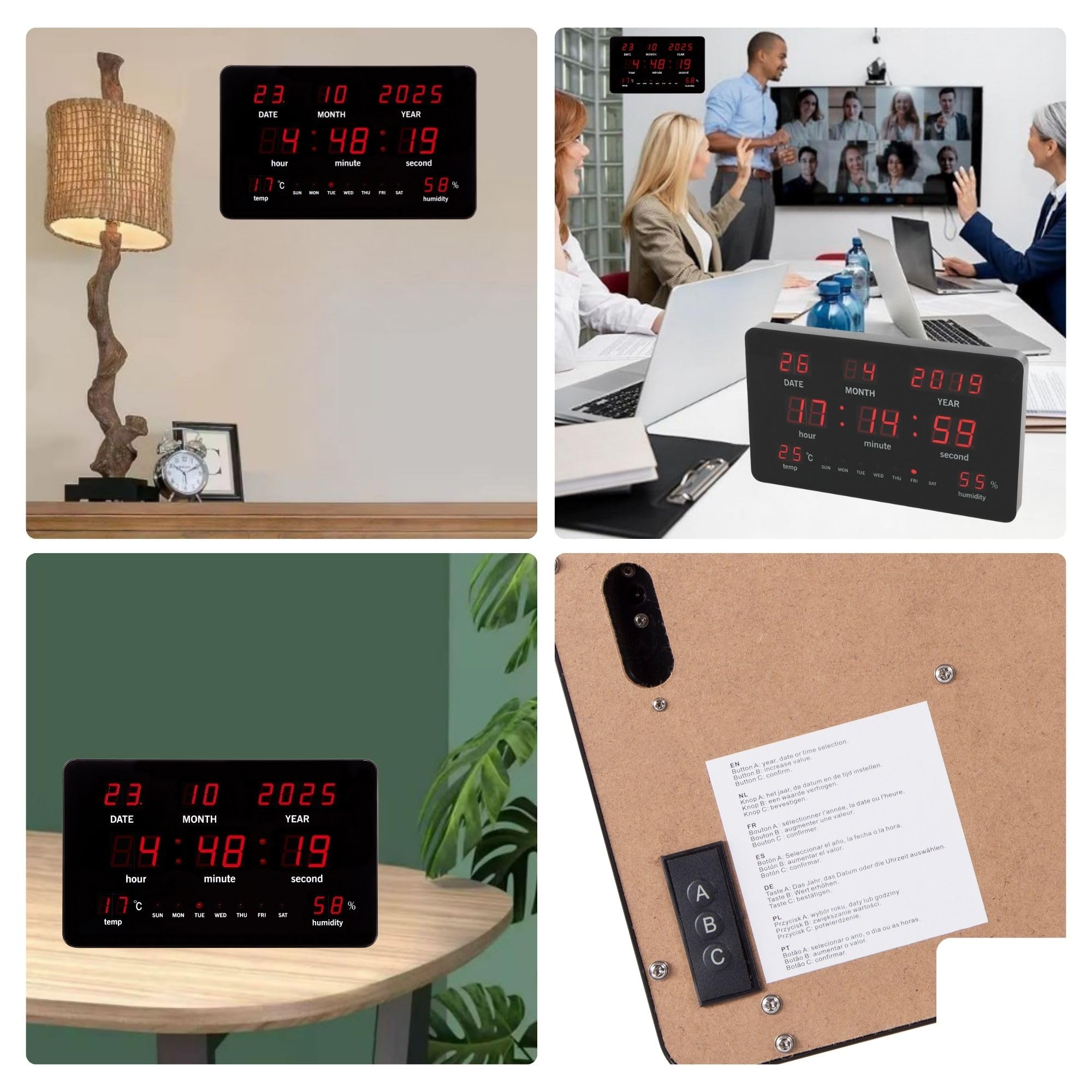 Perel Orologio da parete digitale nero, grande display LED 37.5x25.5cm, LED rossi, orologio digitale con calendario, ora, data, temperatura e umidità, termometro e igrometro, per ufficio, laboratorio
