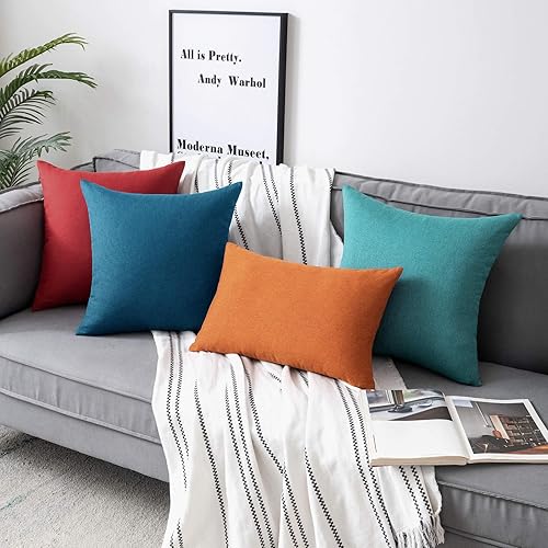 Miniatura 10 de Woaboy - Juego de 2 fundas impermeables de cojines para exteriores, fundas decorativas de cojines, sólidos, de lino de algodón de granja para sillas