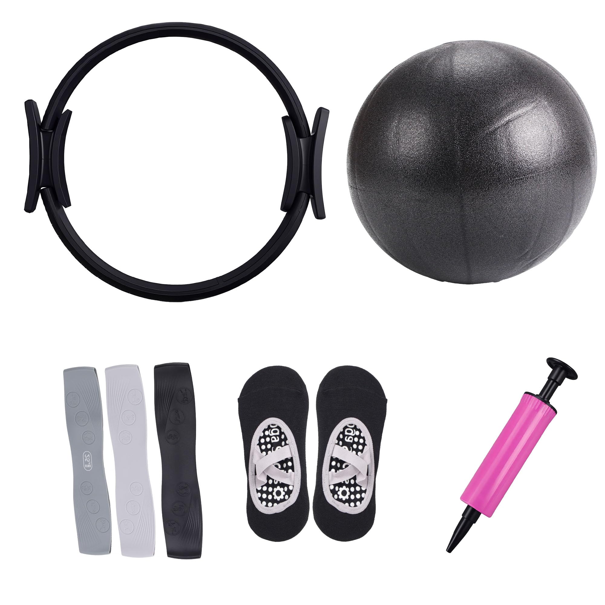 Pilates Set für Zuhause,Pilates Essential Kit mit Pilates Ring, Widerstands- und Loop Bändern, Soft Ball & Luftpumpe, Heimtraining für Damen & Anfänger