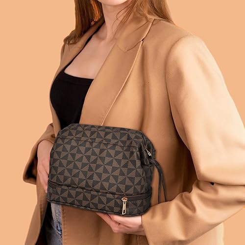 Miniatura 2 de XZQTIVE Bolsa de maquillaje de doble capa a cuadros, bolsa de viaje para cosméticos, bolsa organizadora de artículos de tocador impermeable para