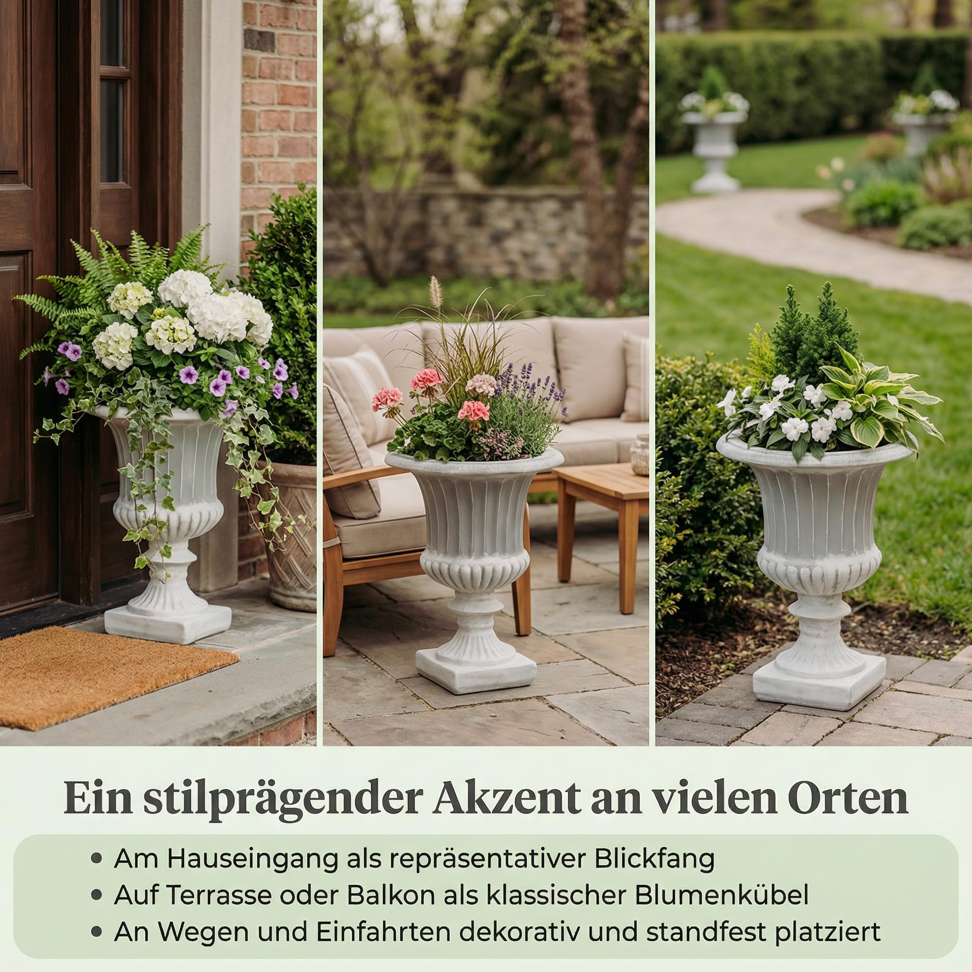 gartendekoparadies.de Blumenkübel aus Steinguss, 46 cm hohes Pflanzgefäß im antiken Look, 7 l, 16 kg, Grau, frostsicher für Außenbereich