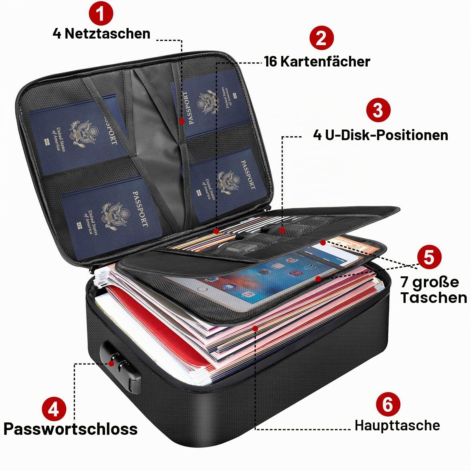 DocSafe Dokumententasche mit Schloss, feuerfest, 3-lagig, Dokumenten-Aufbewahrungstasche mit wasserabweisendem Reißverschluss, Dokumentensichere, Geschenke für ihn, schwarz