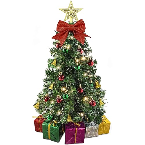 Small Christmas Tree with Lights - 23 Inch Mini Tabletop Christmas Tree with Warm-White LED Lights, Hanging Ornaments, Decorative Bow and Gift Boxes - Prelit Table Tree for DIY Christmas Decoration