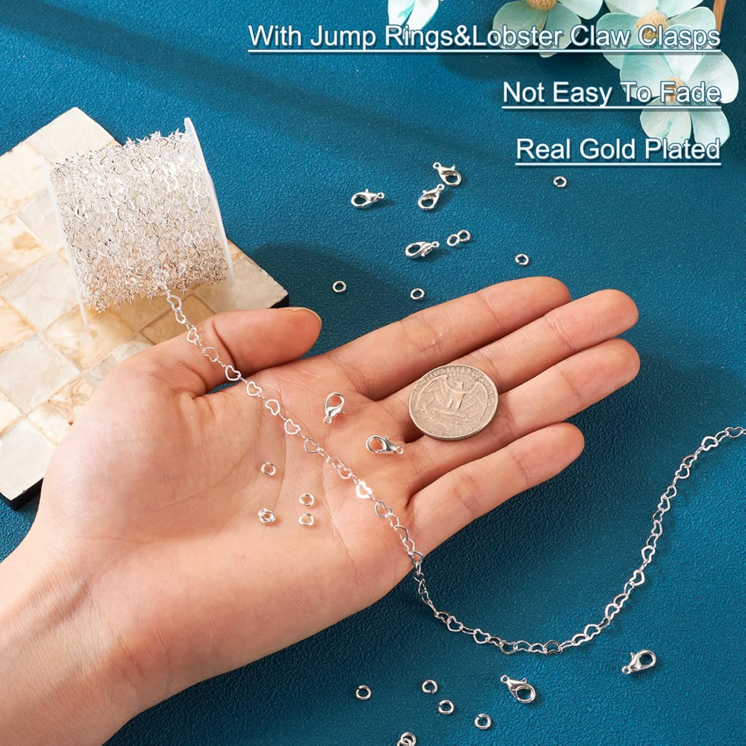 PH PandaHall 16.4 Feet Brass Heart Link Chains 18K White Gold Plated Heart Chains Soldered Jewelry Chains with 50Pcs Jump Rings Lobster Claw Clasps for Bracelet Necklace Jewelry Making - Image 5