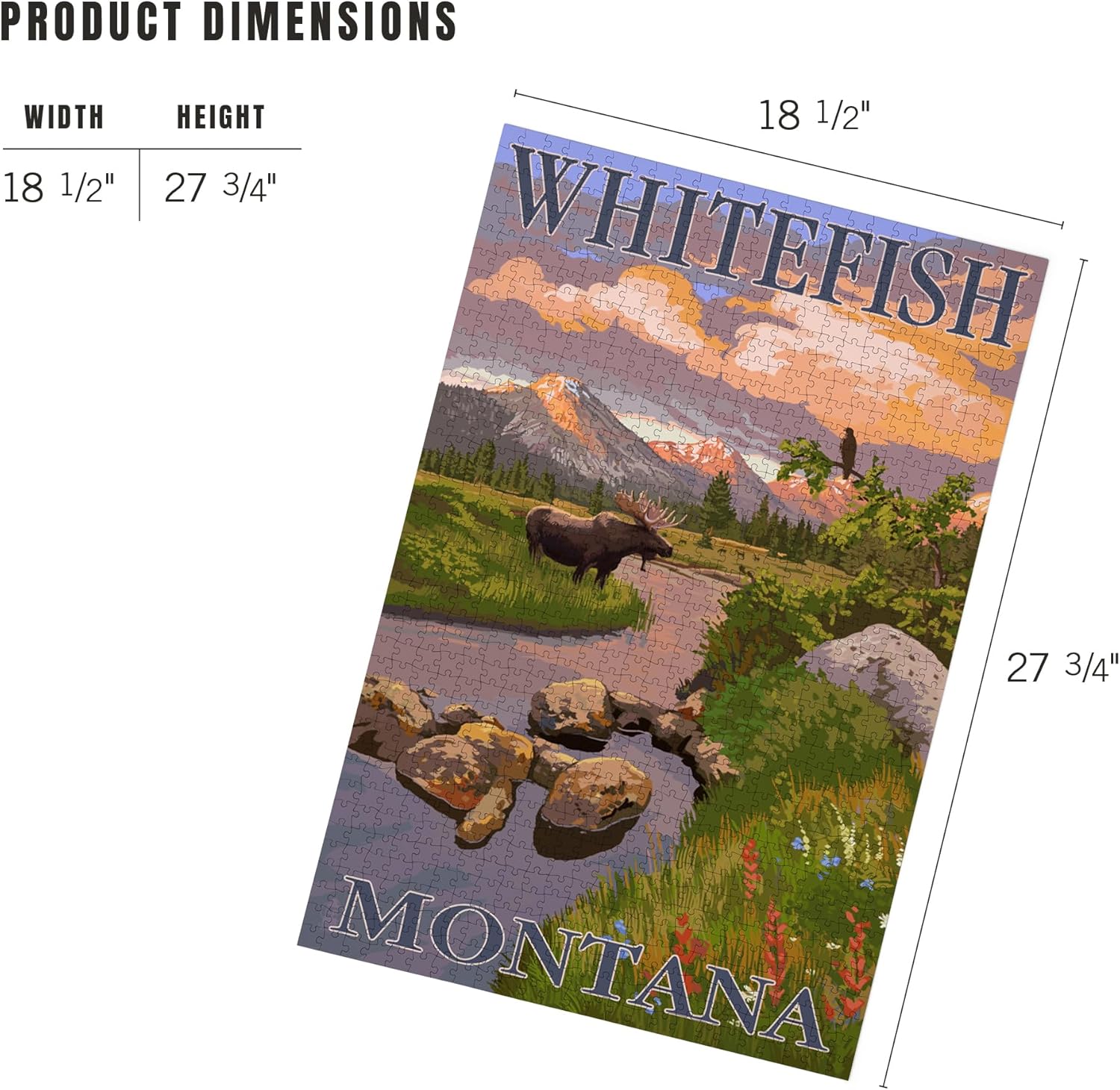 Lantern Press Whitefish, Montana, Moose and Mountain Stream at Sunset 1000 Piece Jigsaw Puzzle for Adults, Made in USA with Reference Poster