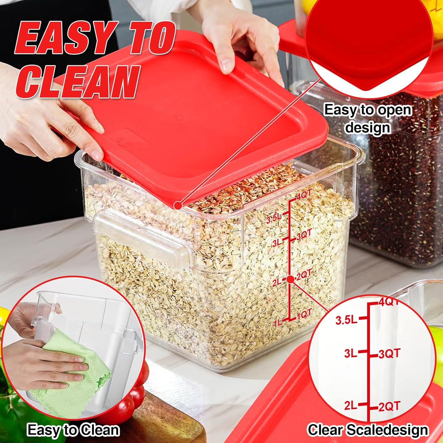 Square Food Storage Containers with Lids 4-Pack, Lock-Tight Seal for Flour, Sugar, Cereal, Keep Food Fresh, BPA-Free Stackable Kitchen Canisters with Measurements (Red, 4QT-4PACK)