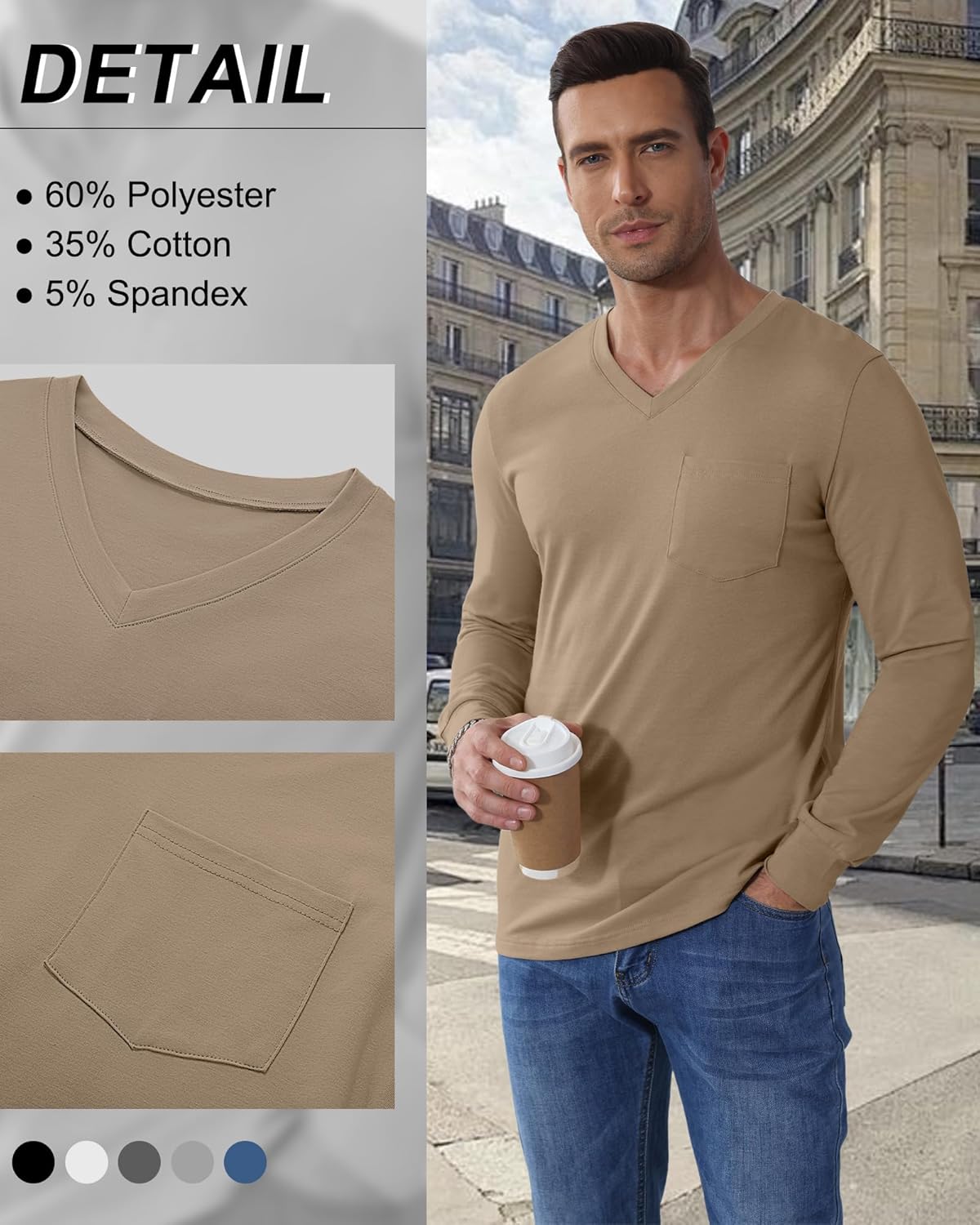 5 Pack Men's Big and Tall Shirts Long Sleeve V Neck Tee Casual Oversized Tops Loose Basic T Shirts with Pocket - Image 5