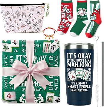7pcs Mahjong Gifts for Women, Stainless Steel Tumbler | Lid and Straw 20oz, a Cosmetic Bag, a Flannel Blanket, 3 Pairs Cotton Socks & a Lucky Bracelet, Mahjong Accessories