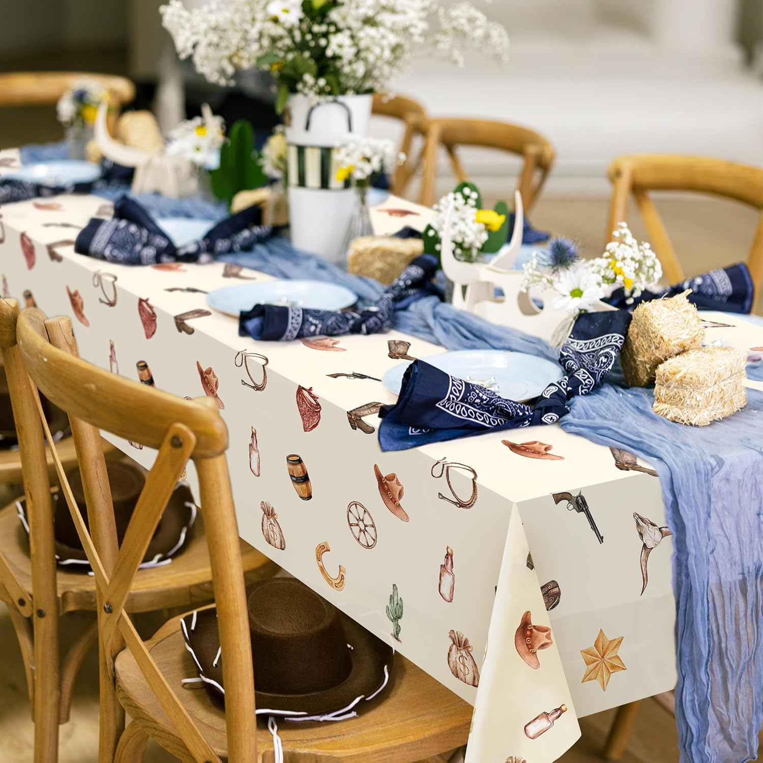 3 Pack Western Party Tablecloth, Western Cowboy Tablecloth Decorations Cowgirl Cowboy Disposable Plastic Table Cover for Birthday Baby Shower My First Rodeo Party 54 x 108 in