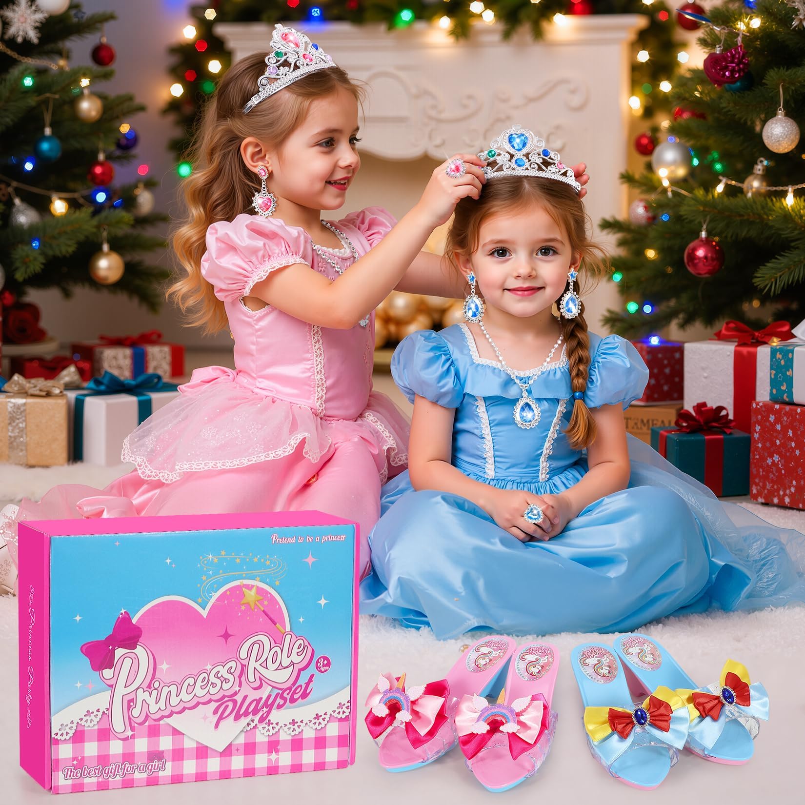 Prinzessin Schuhe Mädchen, Kinder Stöckelschuhe mit Absatz, Zubehör Set mit Krone Zauberstab Schmuck,Glitzer Design,Spielset Verkleidung Karneval,Rollenspiel Zubehör,Geburtstag Weihnachten für Mädchen
