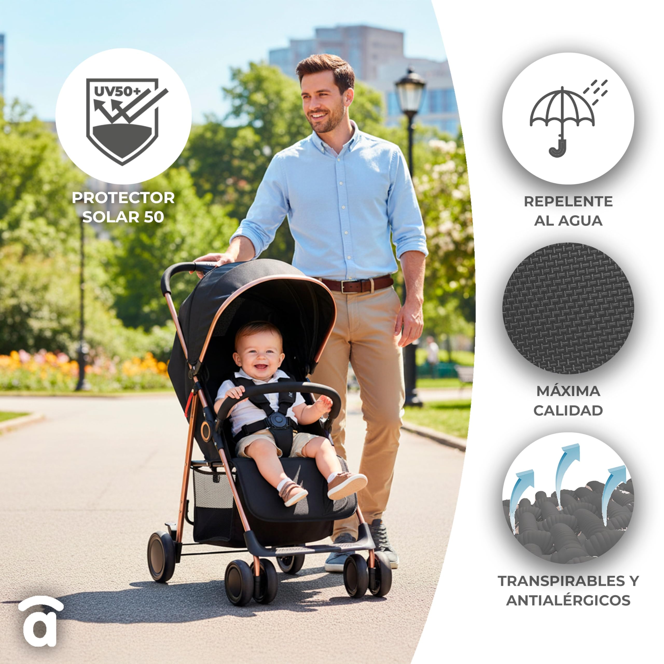 Silla de Paseo Ligera y Compacta para Bebé desde Nacimiento, Carrito Bebé Ultraligero 5,5 kg con Respaldo Reclinable, Capota Extensible, Arnés 5 Puntos y Suspensión – Asalvo NOVA Dorado