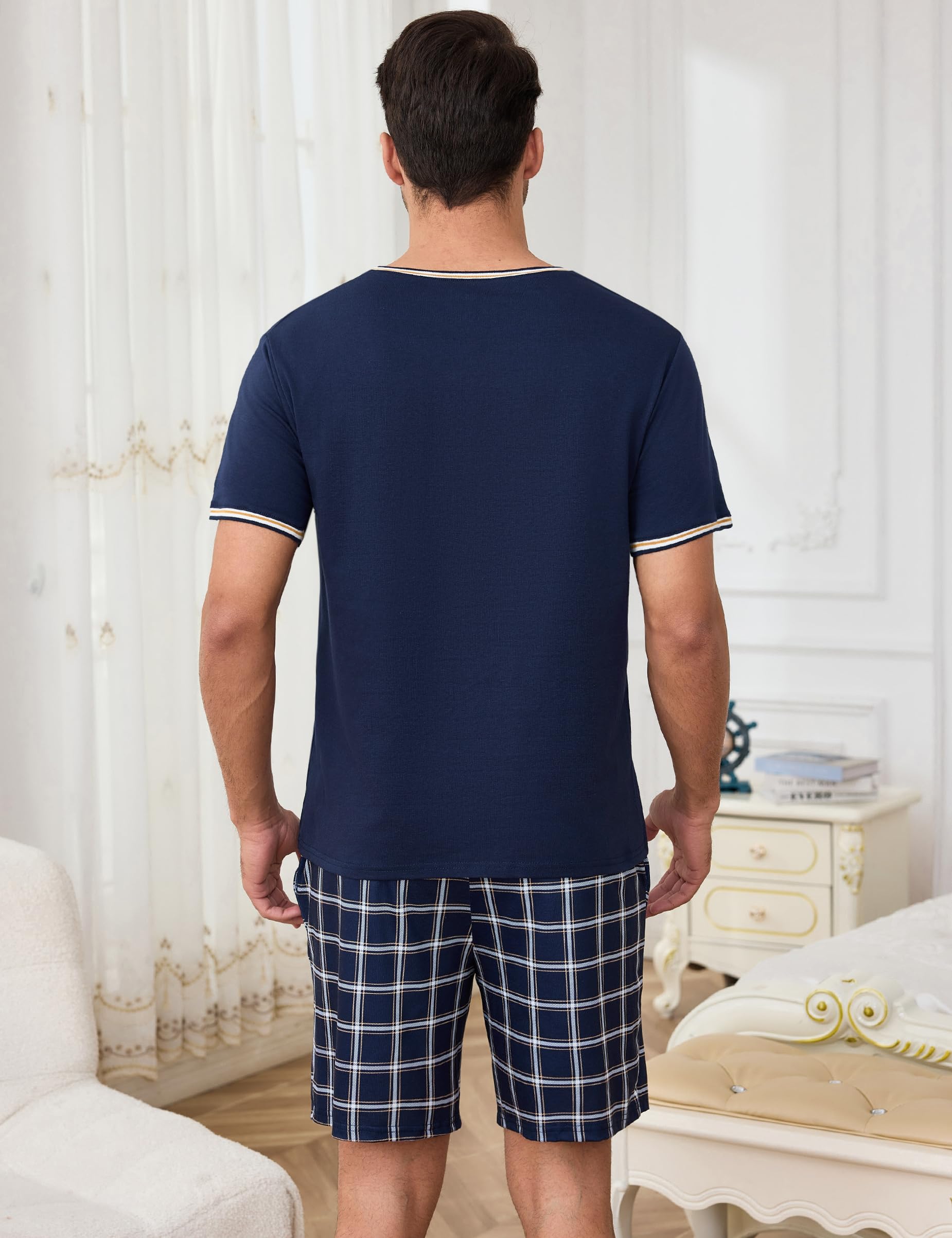 Bresdk Ensemble de Pyjama à Manches Courtes en Coton pour Homme avec col en V et Poches, vêtement de Nuit Doux pour l'été