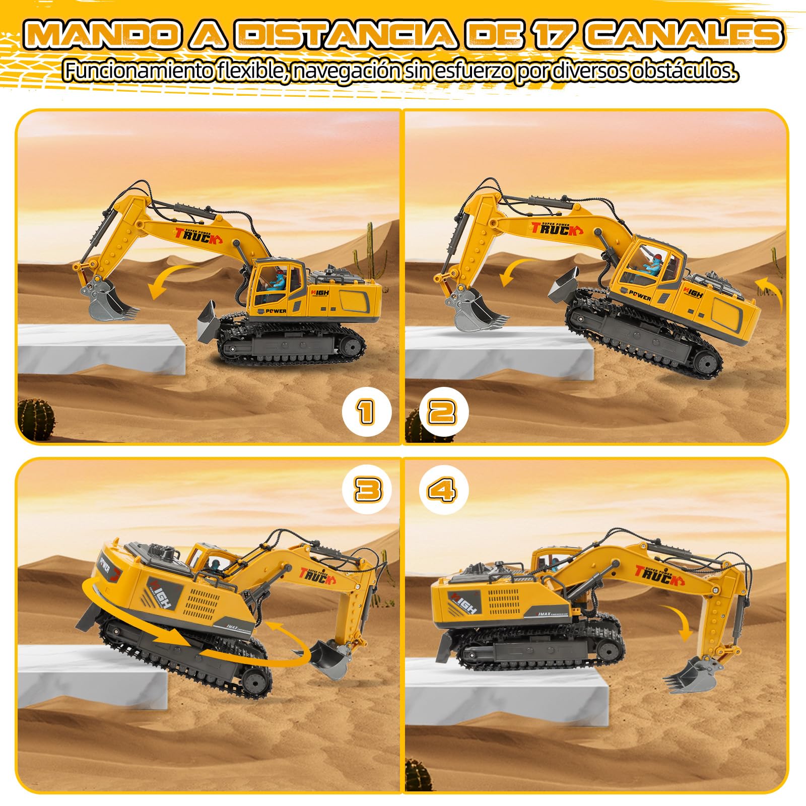 Excavadora Teledirigido, 17 Canales Excavadora RC para Niños Escavadoras Juguetes con Pala metálica, Conductor, Pulverizador, Luces y Sonido, Juguete Construcción Regalo Niño 3+ Años (2,4GHz)
