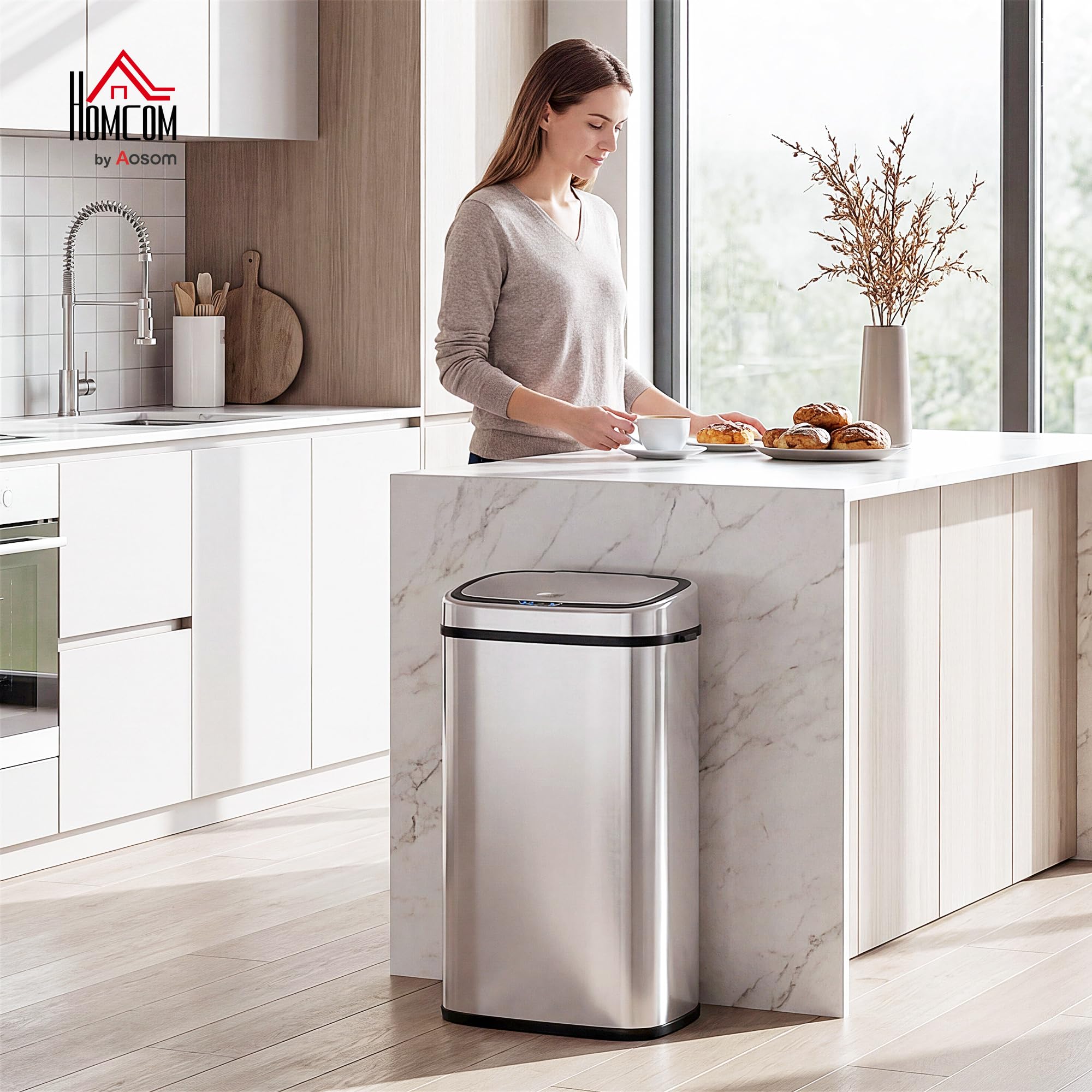 HOMCOM Sensor Mülleime 68Lr Automatik Bewegungssensor Edelstahl Silber | Wasserdichter Abfalleimer, für Büro, Schlafzimmer, Küchen