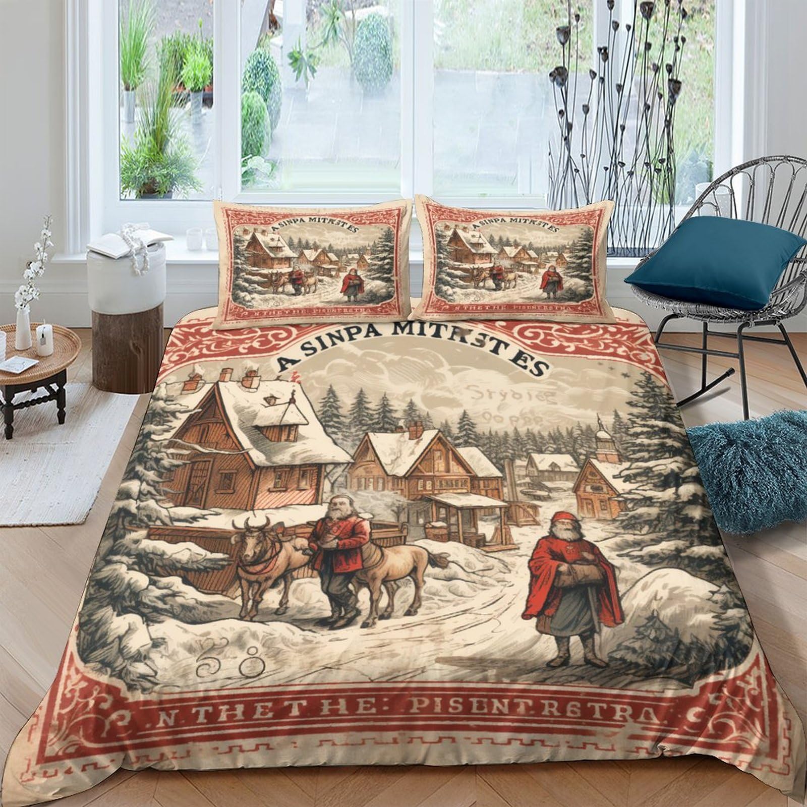 Housse de couette Noël 3D timbre vintage | Parure de lit 3 pièces