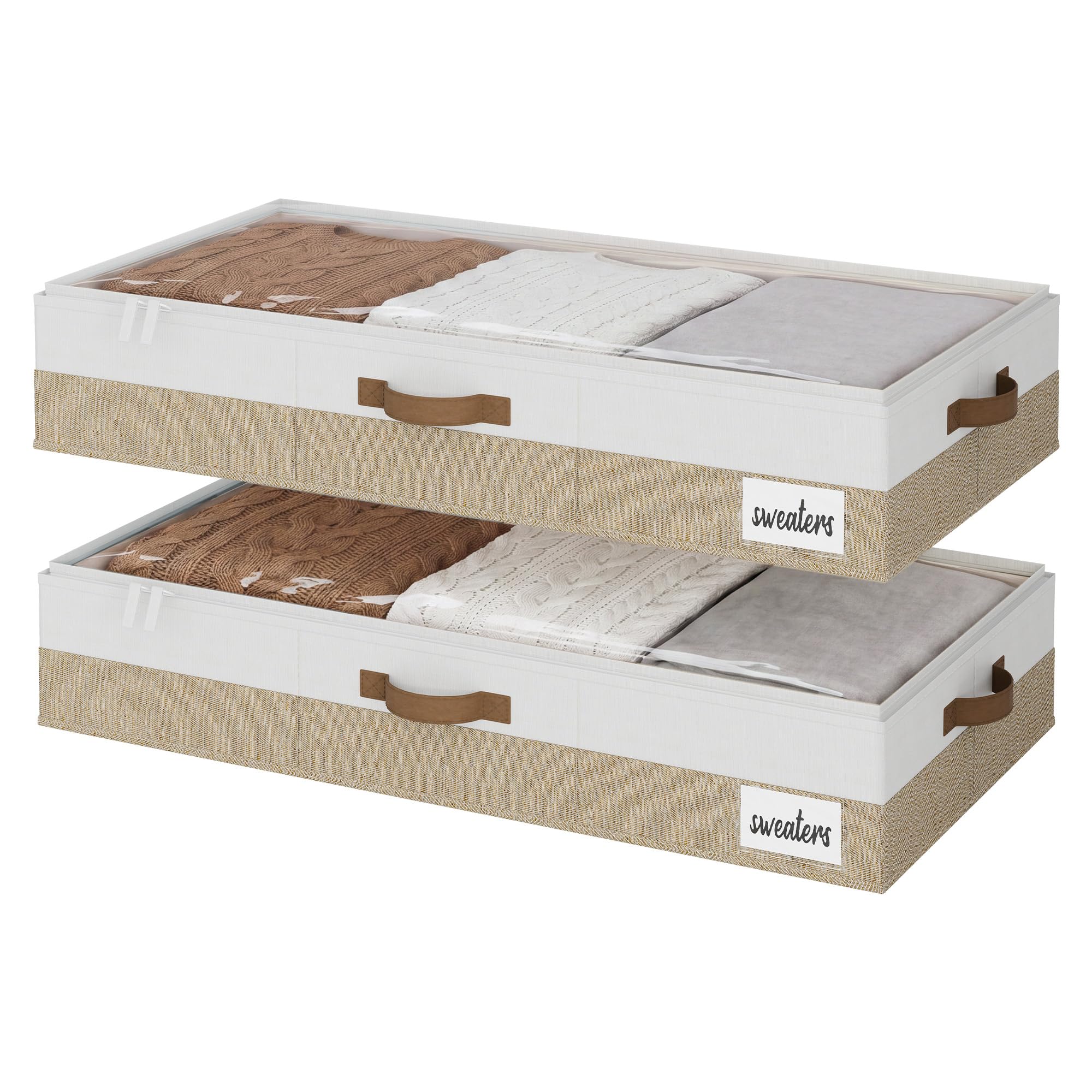 StorageWorks Cajas de almacenamiento para debajo de la cama con tapa, grandes contenedores organizadores para accesorios de dormitorio, organizadores rígidos resistentes, marrón y blanco, pack de 2