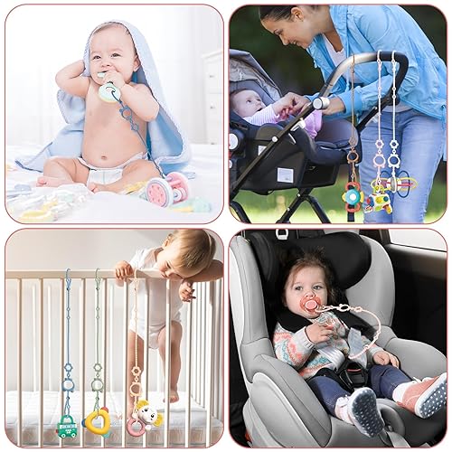 Miniatura 8 de Correas de juguete para bebé, 6 piezas ajustables para accesorios de cochecito, clip de silicona para chupete, correa esencial de viaje para bebé,