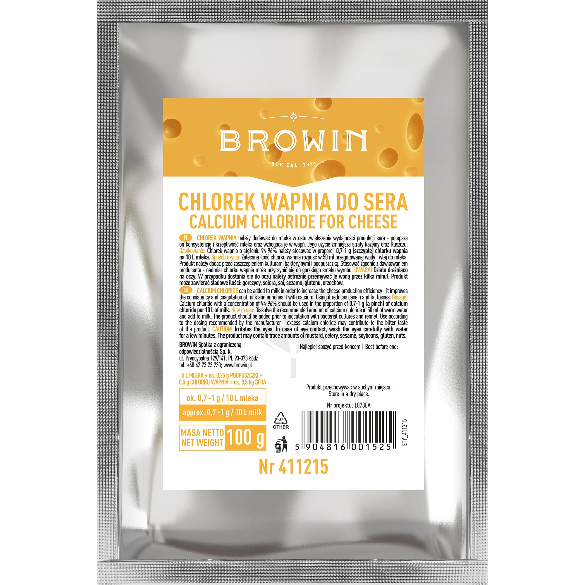 Browin 411215 Calcium Chloride 100 g | for Cheese Making and Beer Brewing | Homemade cheese and beer
