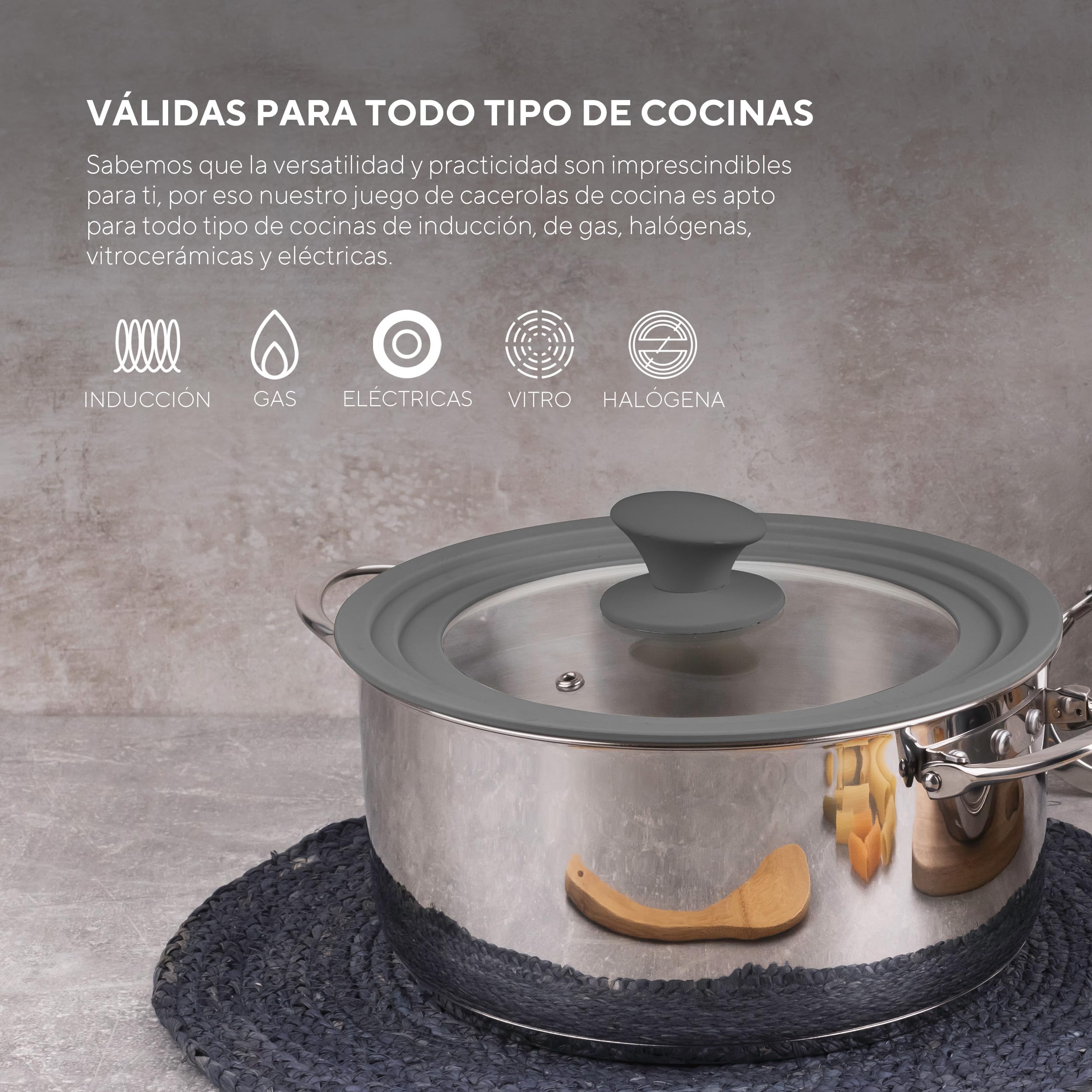 MasterPRO Foodies - Batería de Cocina - Set de 4 Piezas Con Cacerolas de 16, 20 y 24 cm y Tapa de Cristal - Fabricadas en Acero Inoxidable - Compatibles con Todo Tipo de Cocinas