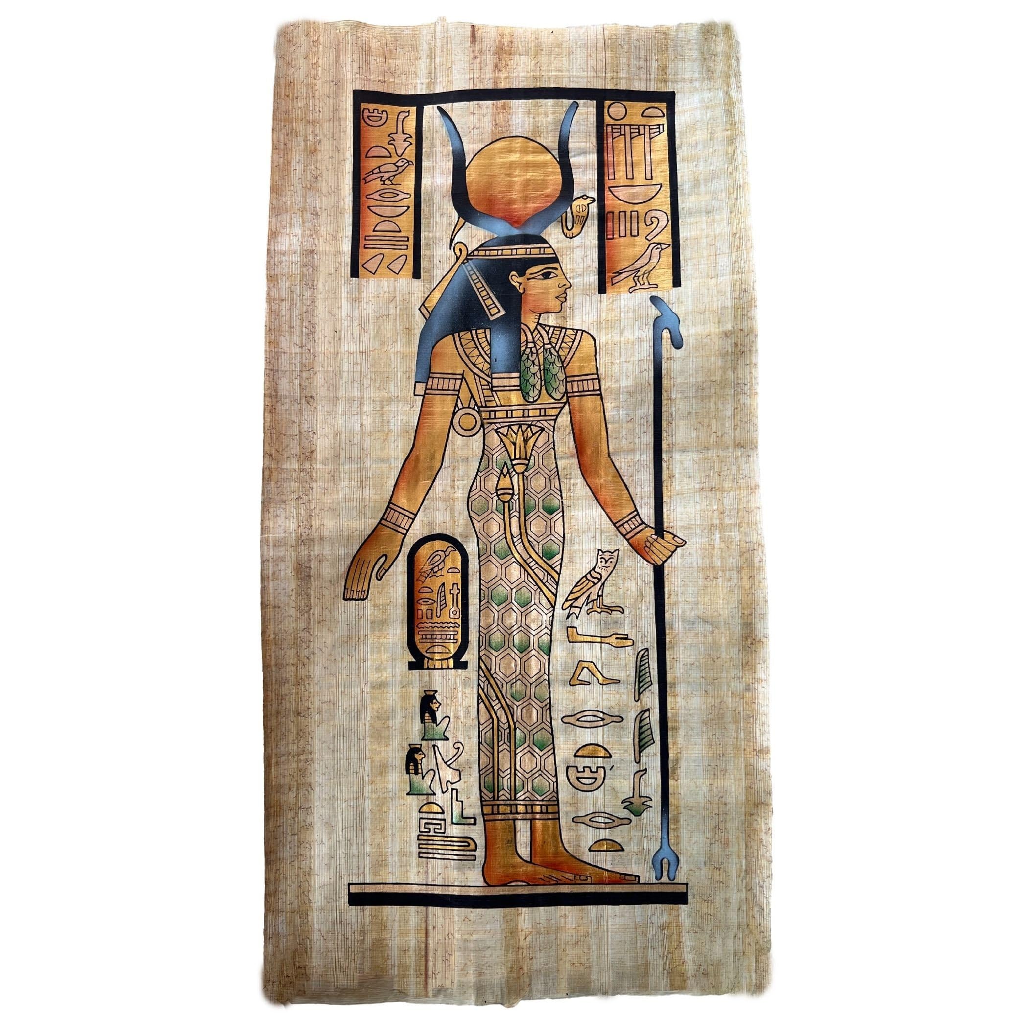Hathor Portrait Art Poster - Mother Goddess, Sky Goddess, Cow Goddess, Rectangle Egyptian Papyrus Large Wall Art 12x24 Inches - 30x60 cm
