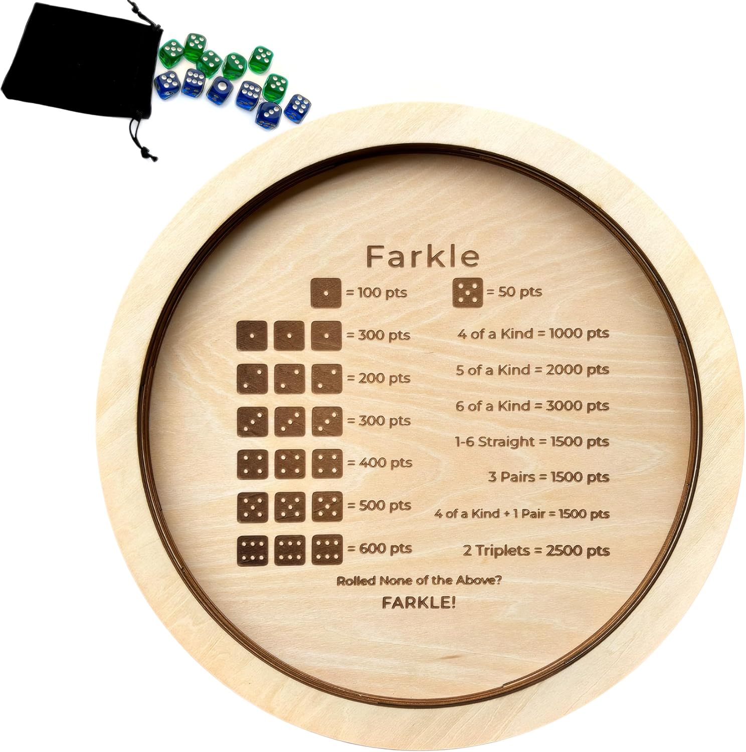 Farkle Dice Tray, Farkle Dice Game with Tray and 2 Sets of 6 Dice, 12" Wooden Dice Tray for The Classic Family Game