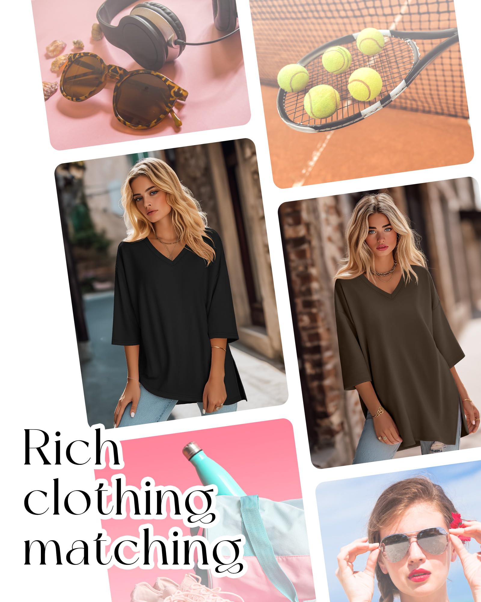 Pack 3 Tops Mujer Oversize Manga 3/4 Cuello V | Túnicas Con Aberturas Laterales, Camisetas Holgadas, Ropa Transpirable, Prendas Casual, Outfit a Capas, Moda De Otoño