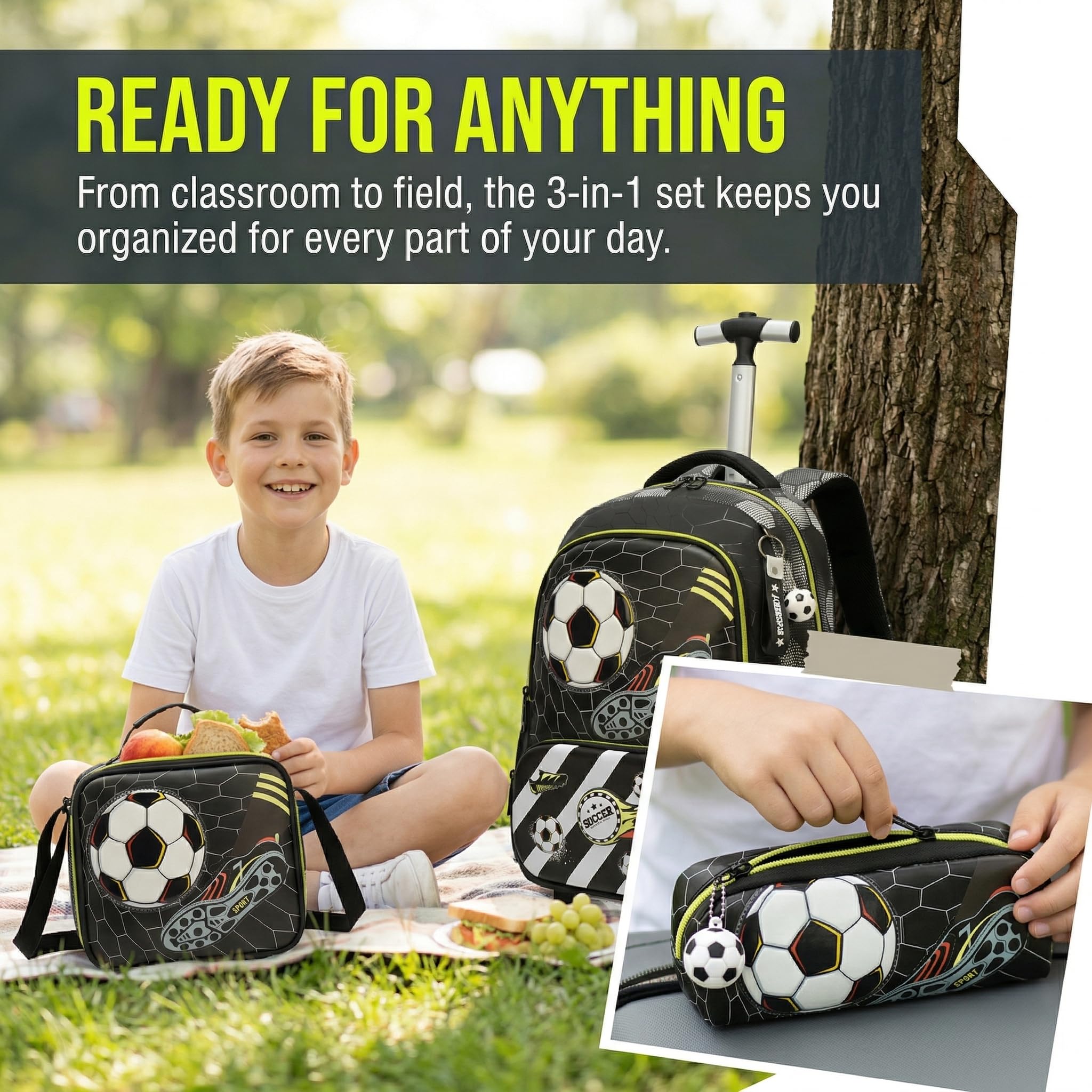 Kinder Rucksack mit Rollen für Jungen die Schule Fußball Koffer Schultrolley Komplett mit Lunchbag Federmäppchen Sätze Geeignet Grundschüler Jugendliche 4-10 Jahre Alt Schwarz