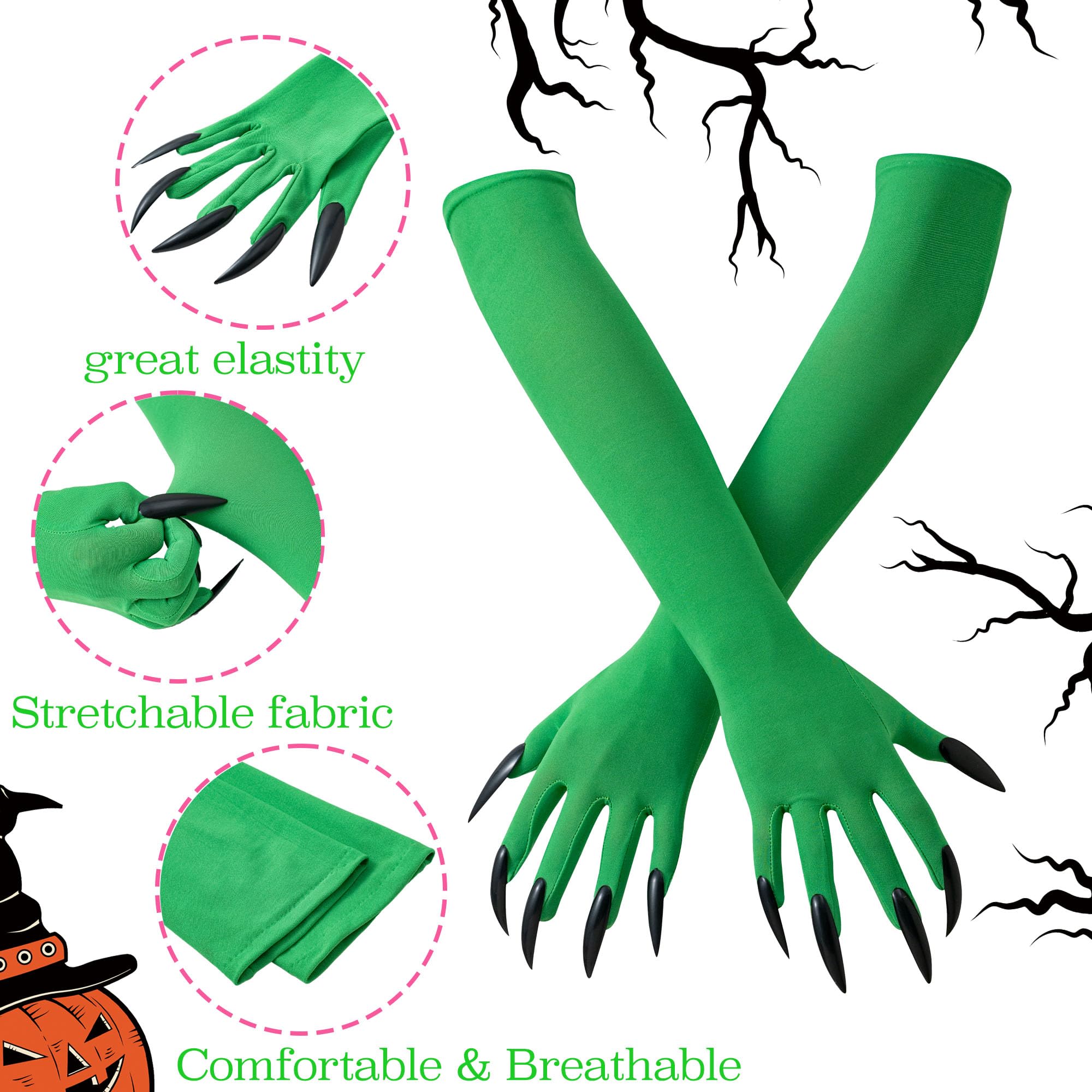 3 Pcs Witch Costume for Women Halloween Cosplay Costume Set with Witch Hat Green Claw Gloves and Glasses