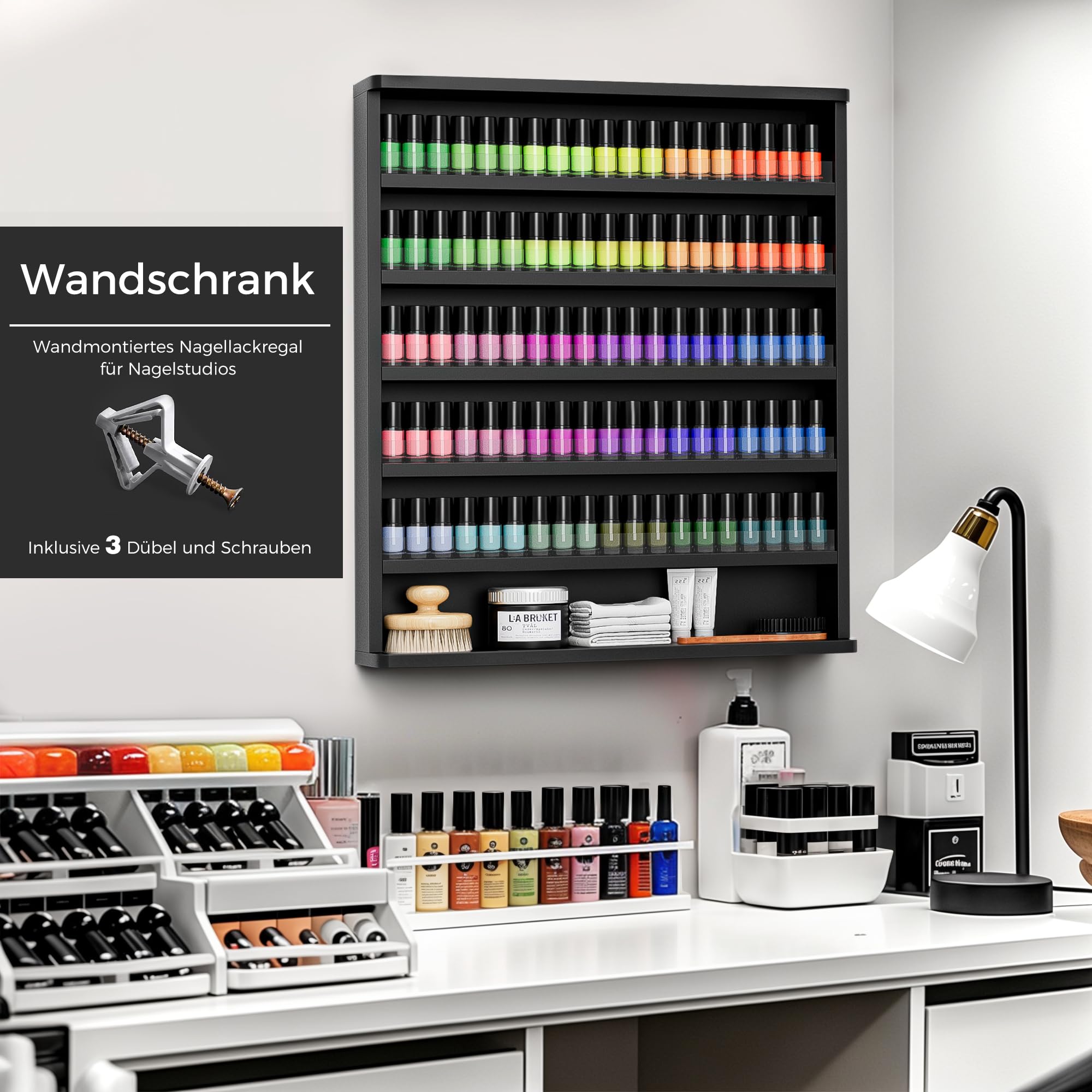 Nagellackregal Wandmontage mit 6 Ebenen, Stabiler Nagellack Organizer aus MDF & Acryl, Wandregal für bis zu 180 Flaschen, Platzsparende Aufbewahrung für Nagelstudio & Zuhause (Schwarz)