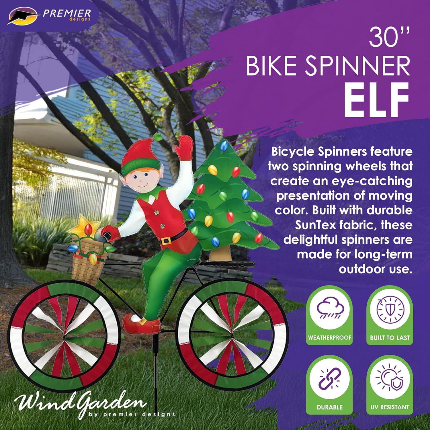 Bike Spinner Elf 30" – Whimsical Christmas Design, Weather-Resistant Outdoor Decor, Durable & Lightweight for Patios, Yards, and Gardens - Eye-Catching Wind Spinner with Rotating Wheels