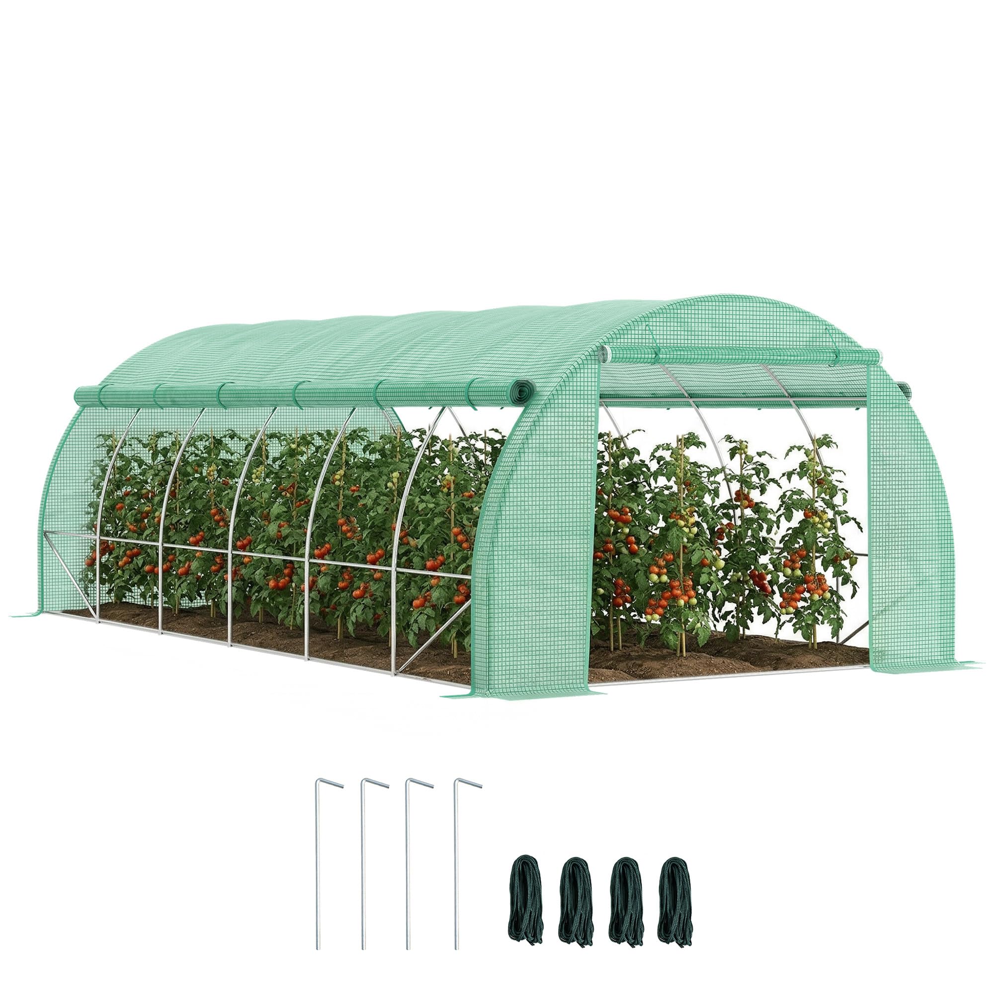 Outsunny 6 x 3 x 2 m Polytunnel Greenhouse with Roll-up Side Walls, Walk-in Grow House Tent with Steel Frame, Reinforced Cover, Zipped Door and 12 Mesh Windows for Garden, Green