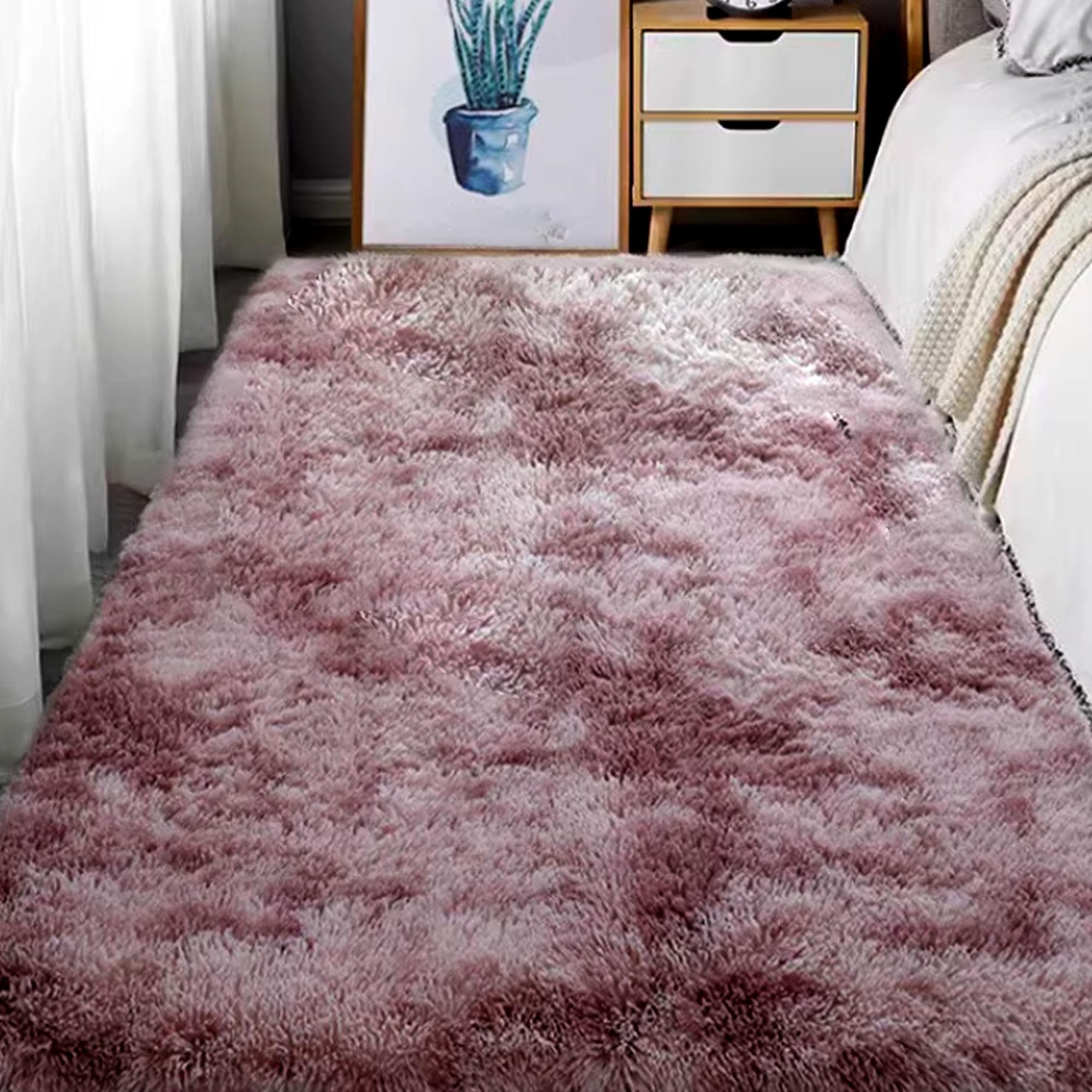 Tapis de salon 140 x 330 poil long rose pourpre grand tapis shaggy moelleux chambre
