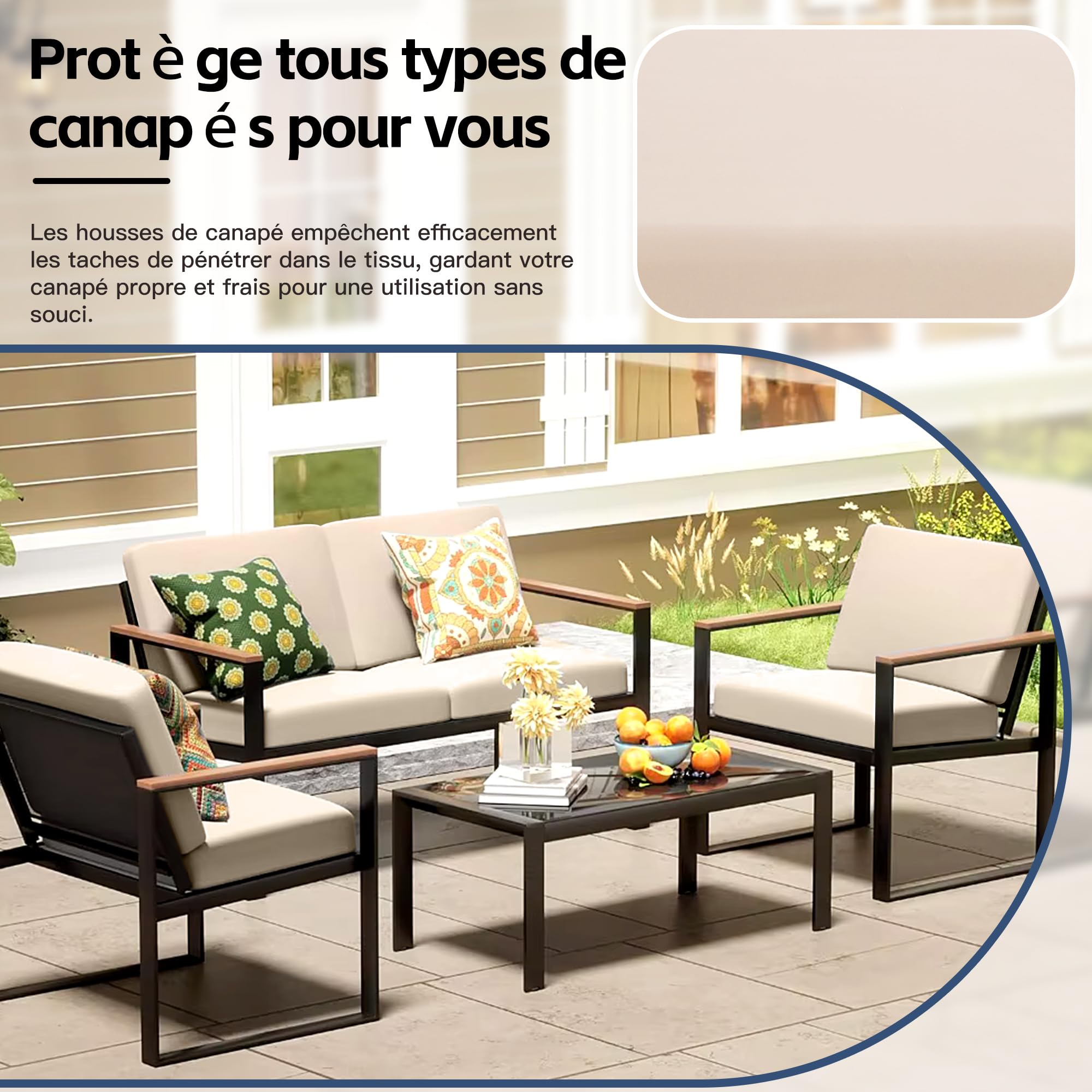 Ensemble de 8 Housses de Coussins pour terrasse|Housses pour canapés d'extérieur|Housses Extensibles pour Coussins de canapé|Protections pour Meubles lavables et réutilisables (1, Beige)