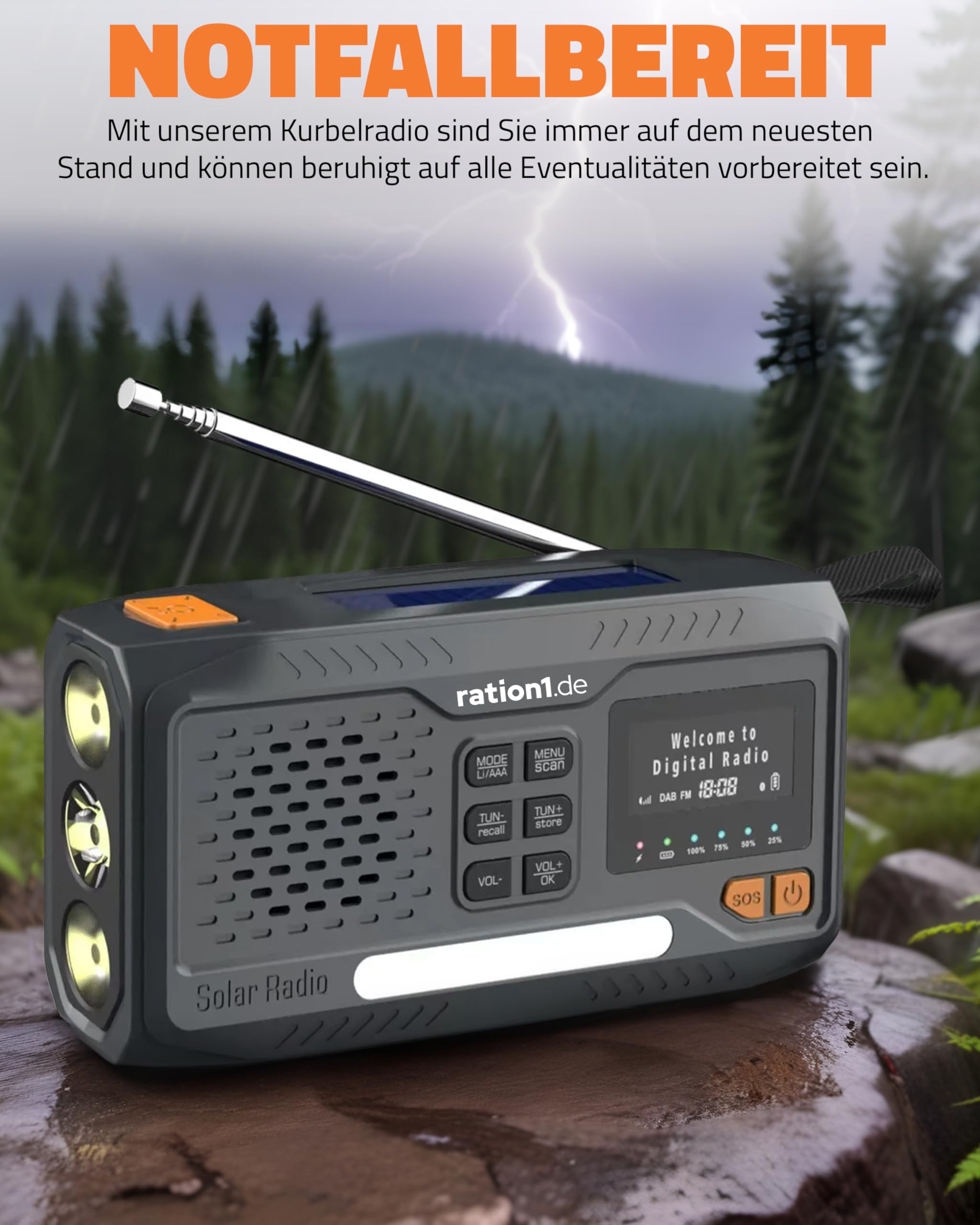 ration1 Kurbelradio DAB+, Tragbares Solarradio mit LED-Taschenlampe, 2000mAh Powerbank, Handkurbel, SOS-Funktion, Bluetooth, USB-C, für Camping und Notfall