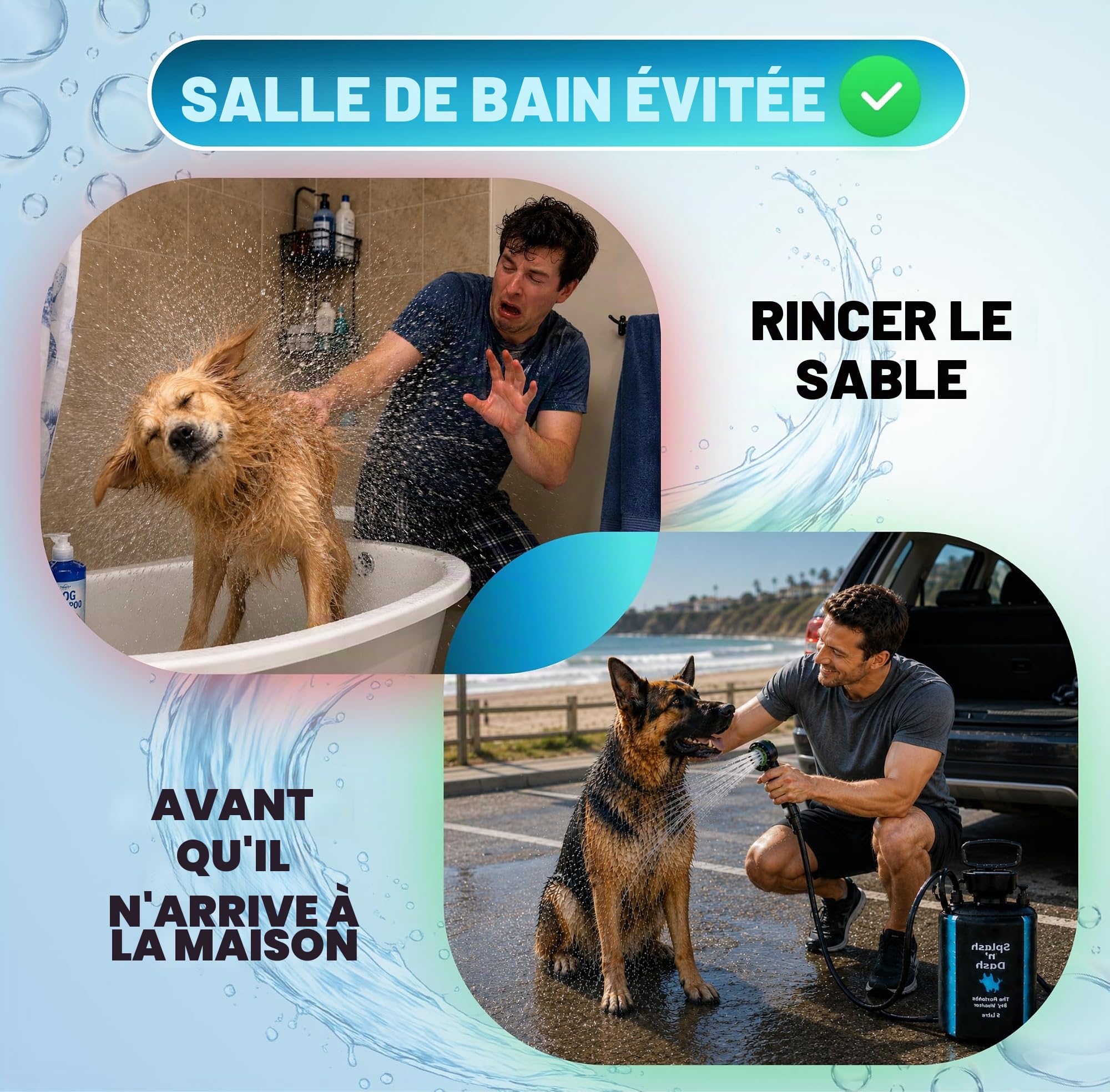 Splash n' Dash Douche portable pour chien 5 litres - Kit de douche manuel avec tête de brosse et veste en néoprène - Lave-chien portable pour la maison, les voyages ou l'extérieur