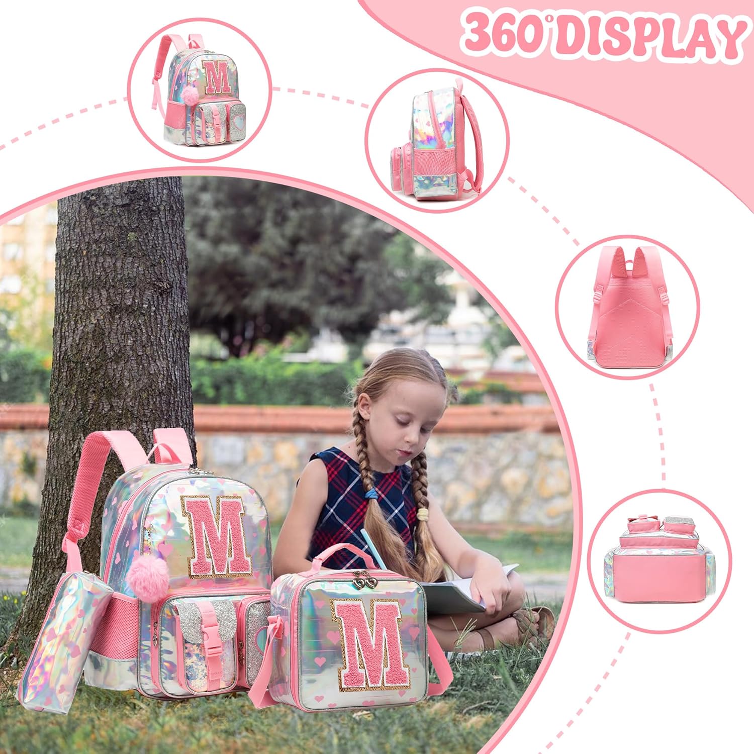 Meetbelify Backpack for Girls Backpacks with Lunch Box Pencil Case for Elementary Student Kids School Travel Bag for Girls Ages 6-8 Years Old Pink M - Image 3