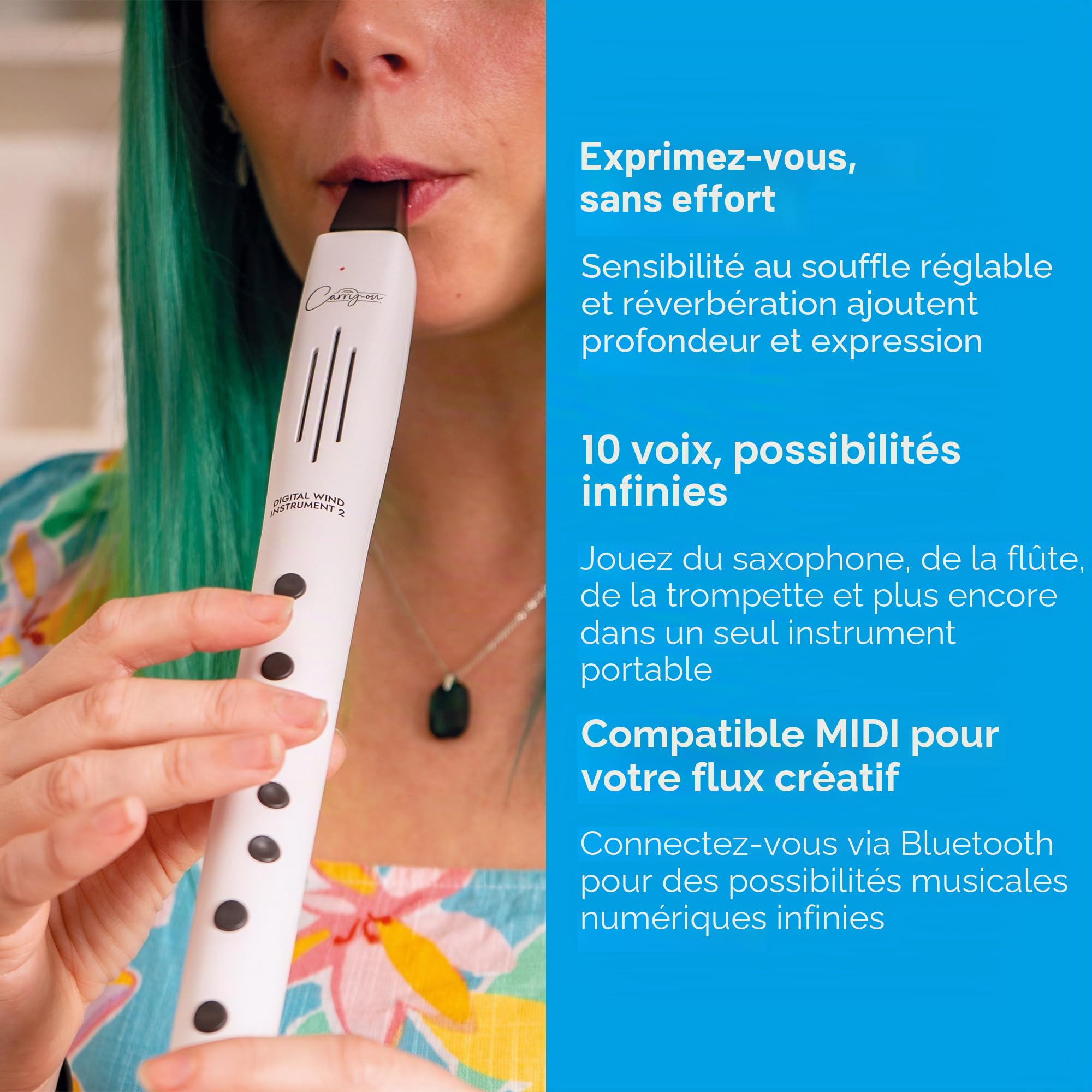 Carry-on Instrument à vent numérique 2 à 10 voix, batterie rechargeable USB intégrée, sortie casque pour une pratique silencieuse, enregistreur numérique Midi Over Bluetooth, blanc